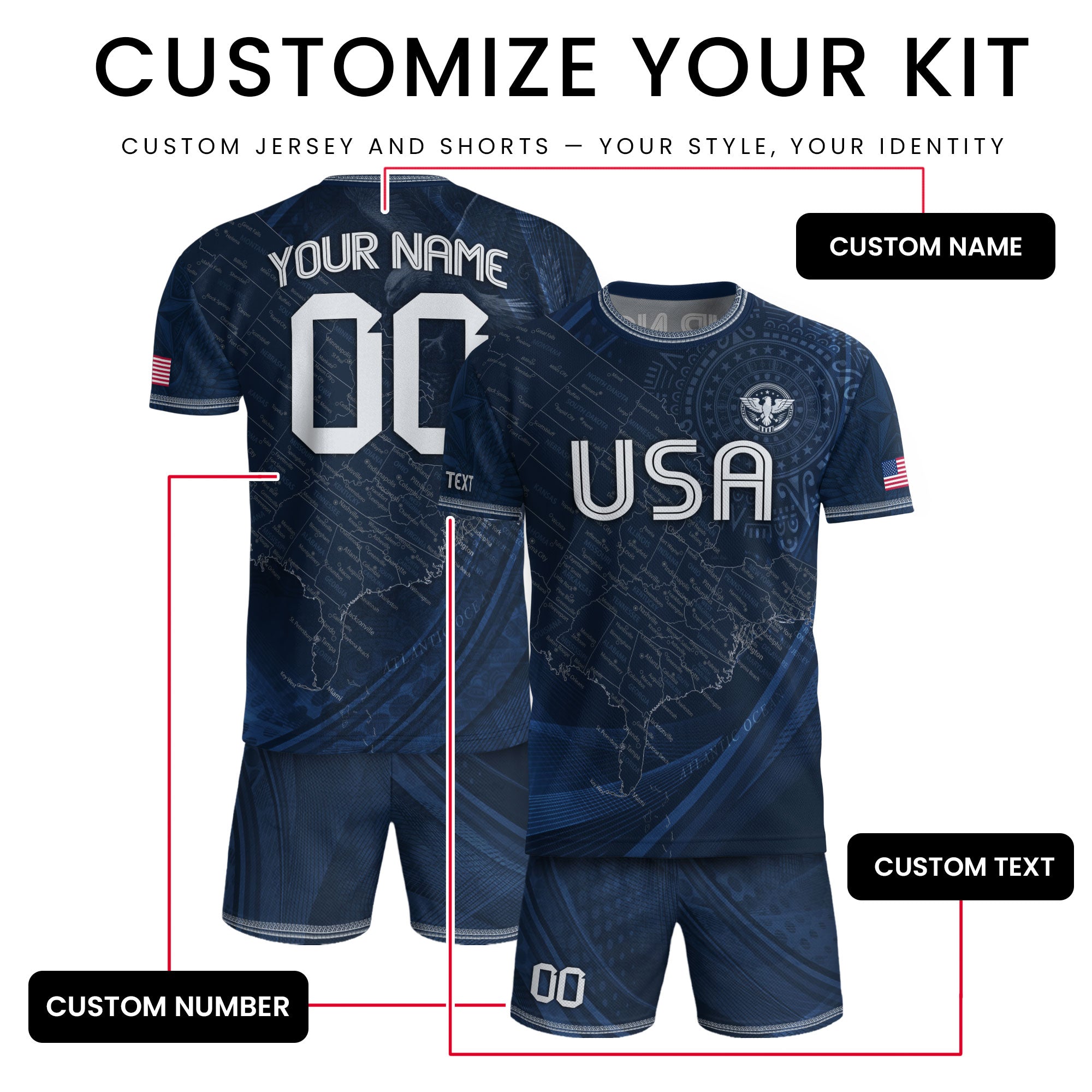 Personalized USA Soccer Jersey Custom Name Number Vintage Map Navy Blue Sportswear Outfit