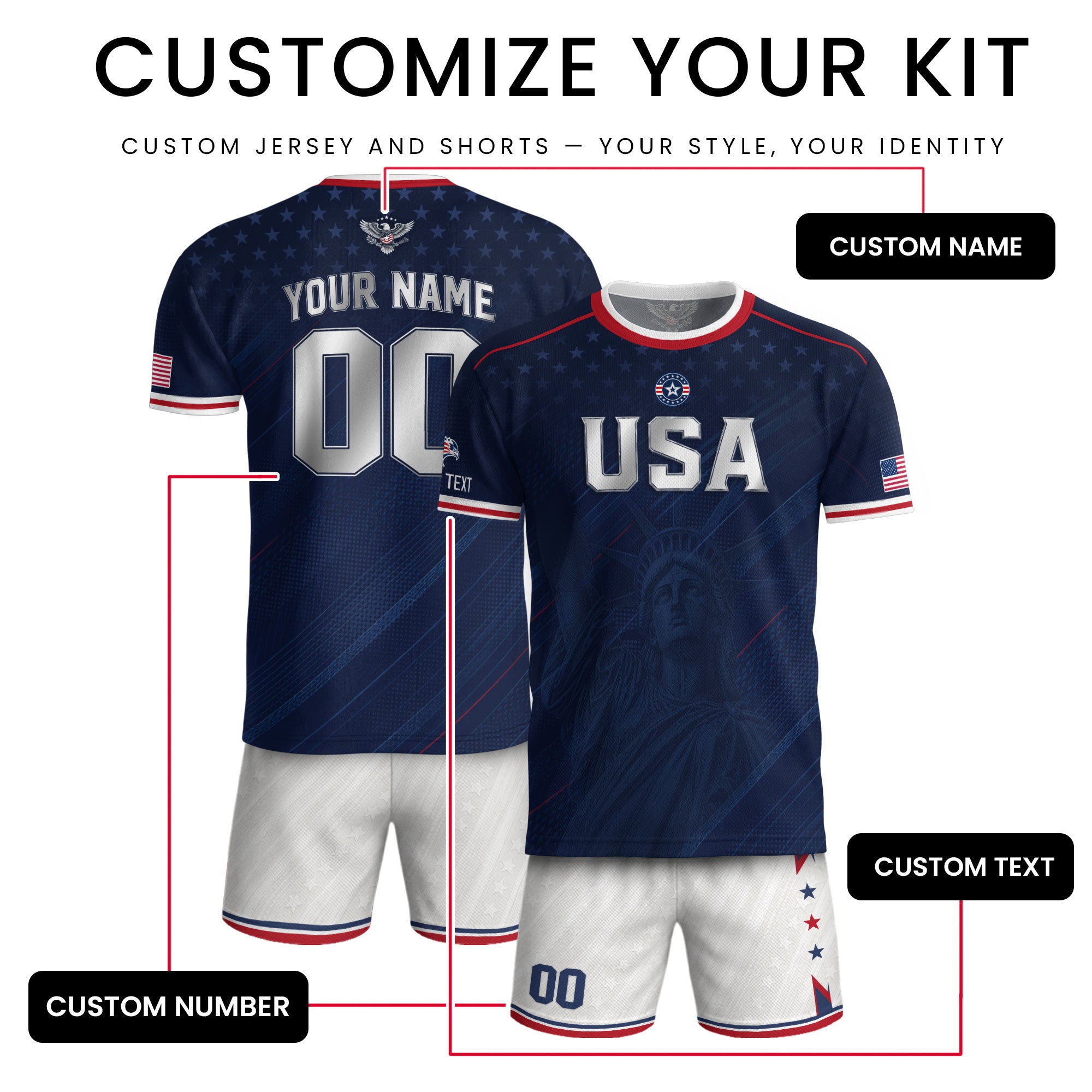 Custom Name Number USA Soccer Jersey Liberty Patriotic Navy Blue Football Team Shirt