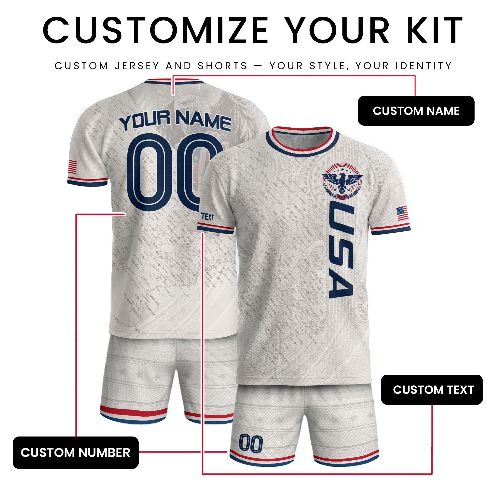 Customized USA Soccer Jersey Crewneck Vintage Map Patriotic Graphic Tee Athletic Top