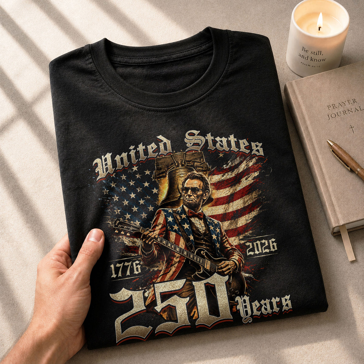 Lincoln Rock Guitar Patriotic T-Shirt - Vintage 1776 2026 Liberty Bell Graphic Tee - Rust Field Wear