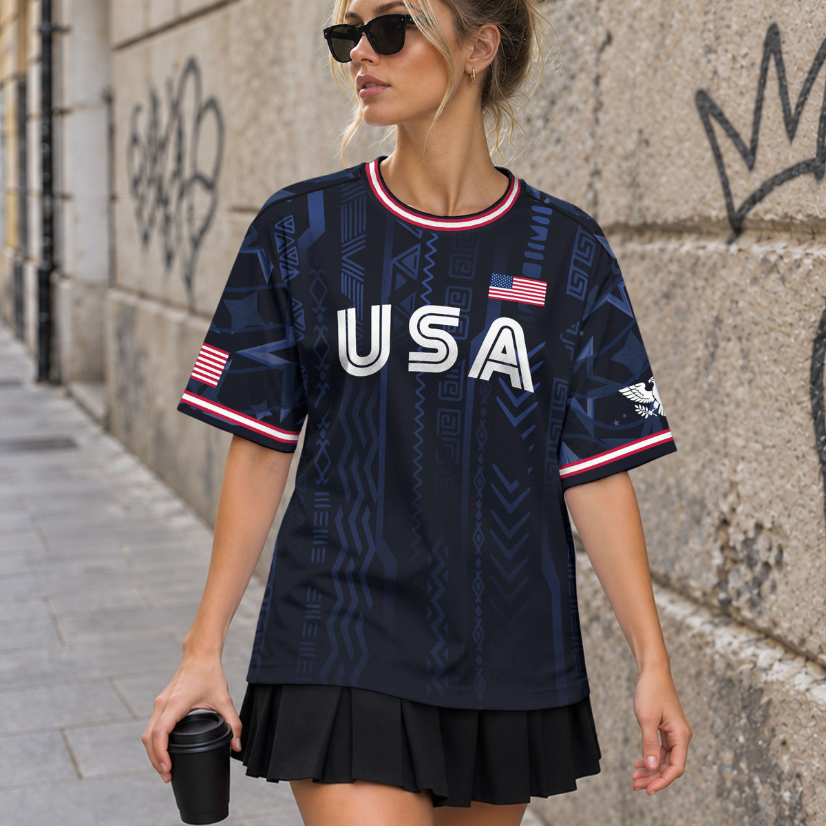 USA Soccer Jersey Adult Eagle Crest Patriotic Football Shirt Navy Blue Fan Edition