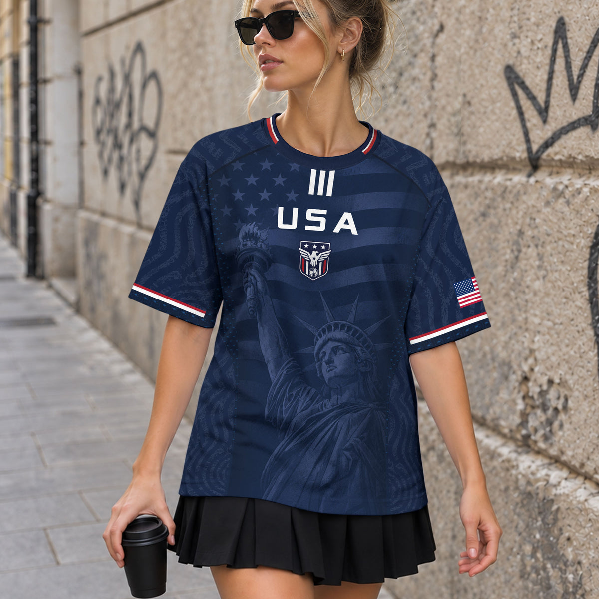 Adult USA Soccer Jersey Navy Patriotic Statue of Liberty Artistic Graphic Football Tee - Rust Field Wear
