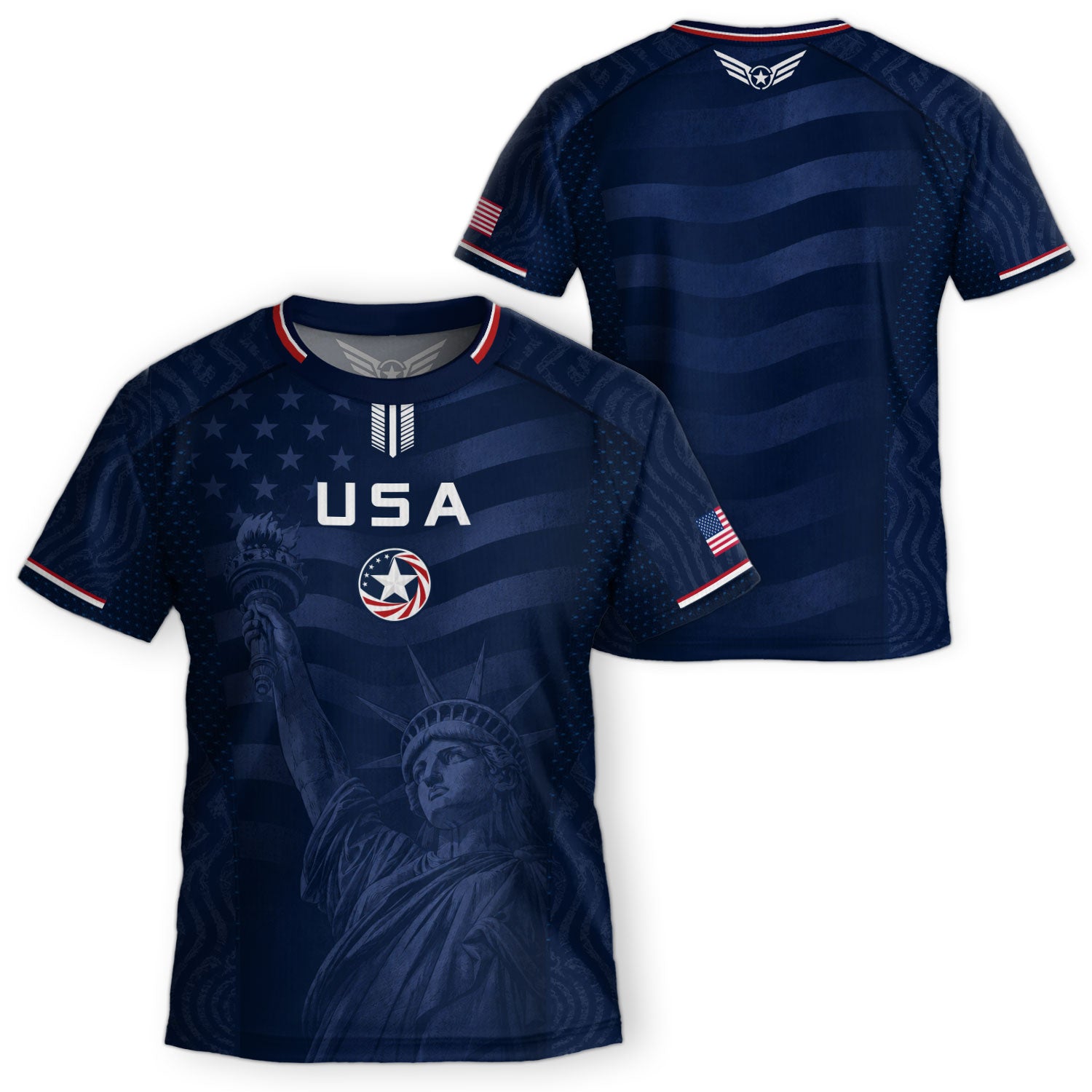 Kids USA Soccer Jersey Youth Patriotic Navy Statue of Liberty Graphic United States Tee
