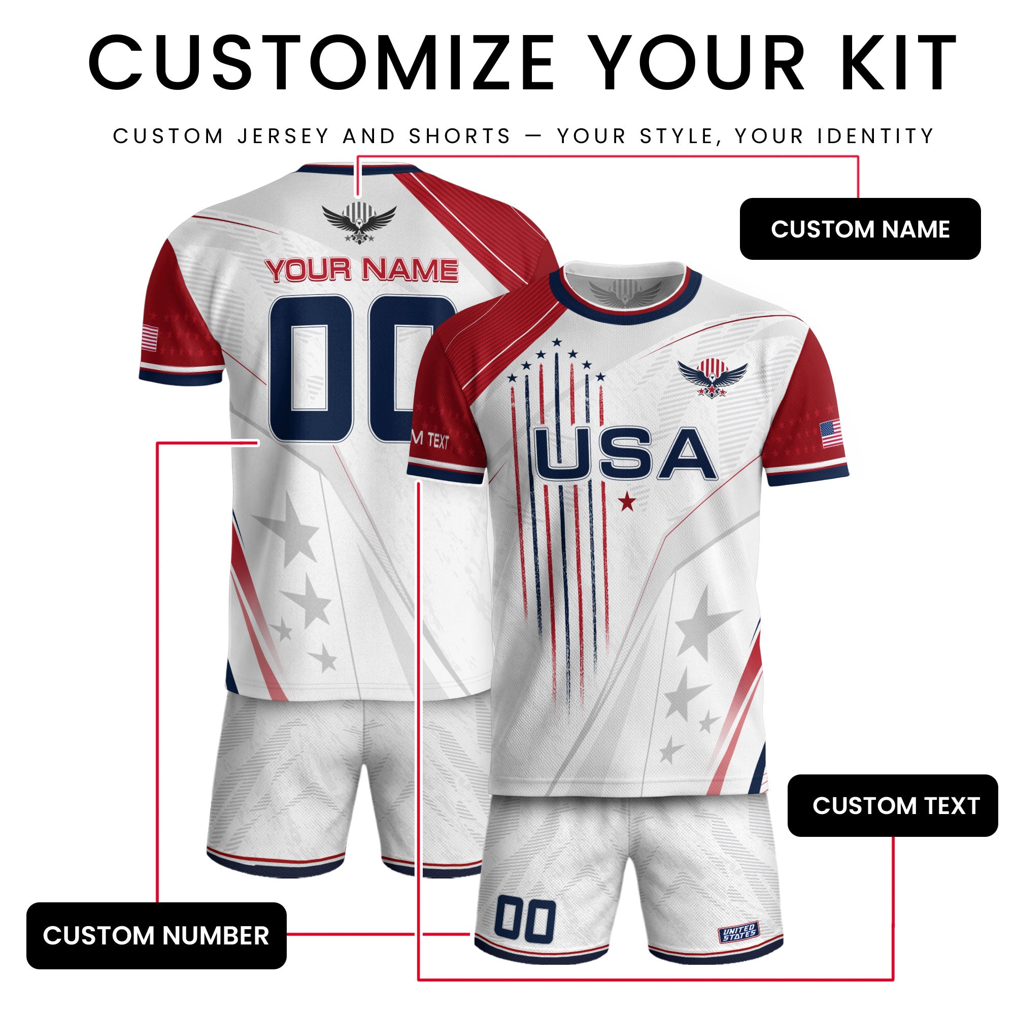 Custom USA Soccer Jersey Men White Red Personalized Name Number Football Shirt