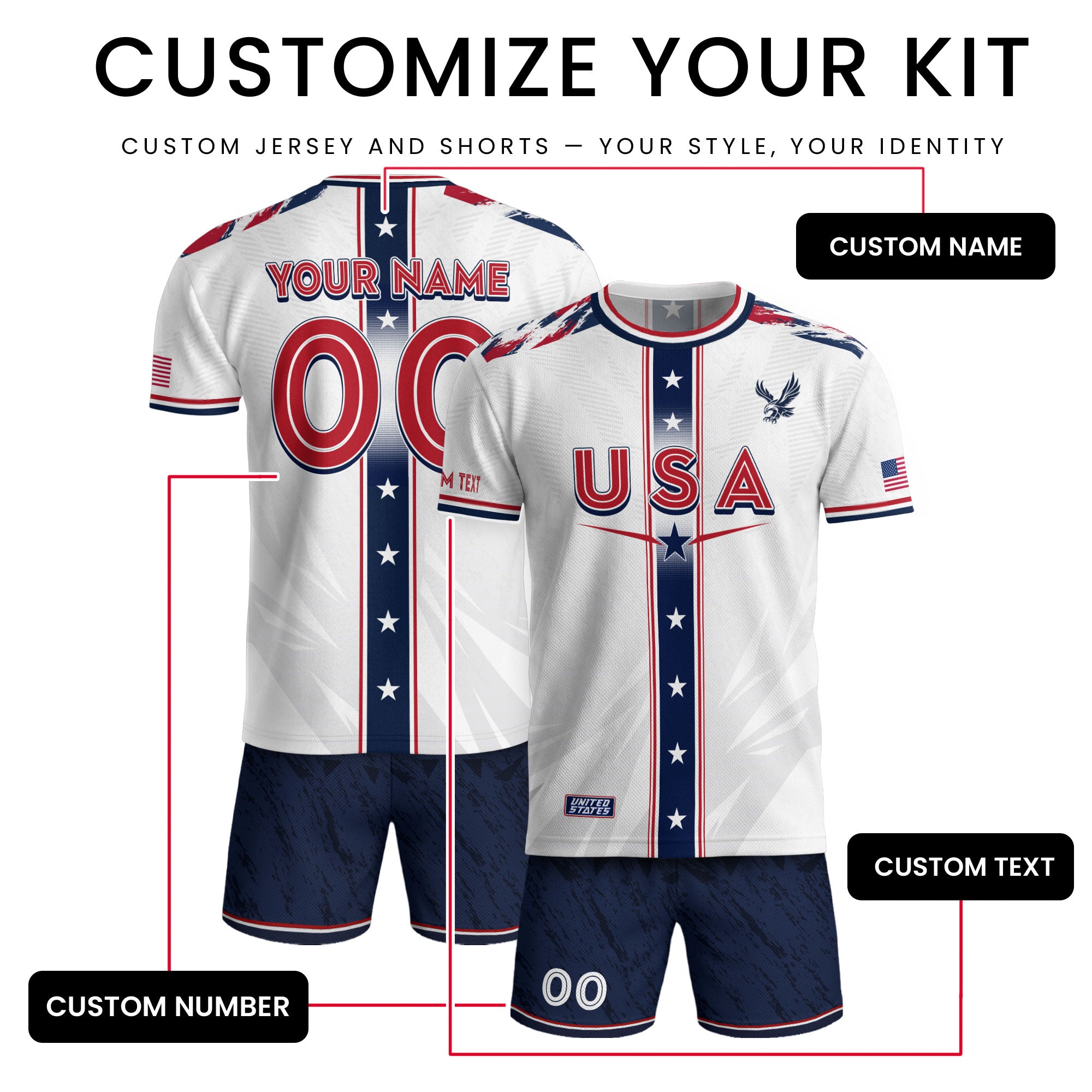 Custom USA Adult Soccer Jersey White Star Stripe Name Number Football Shirt