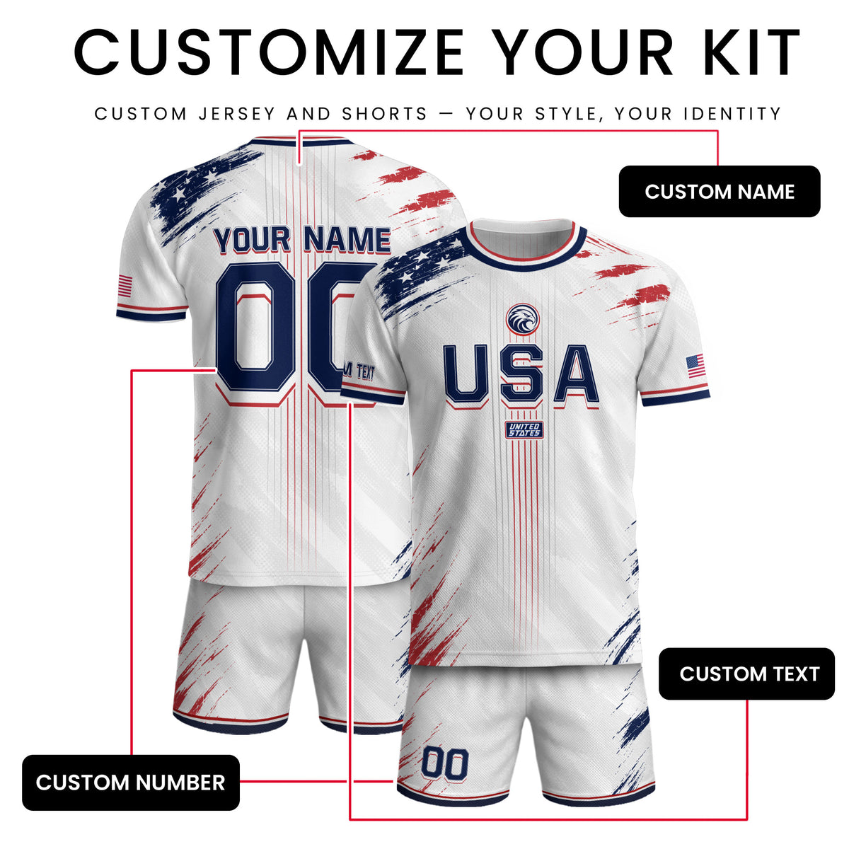 Custom USA Soccer Jersey Men White Brush Stroke Name Number Football Shirt - Rust Field Wear