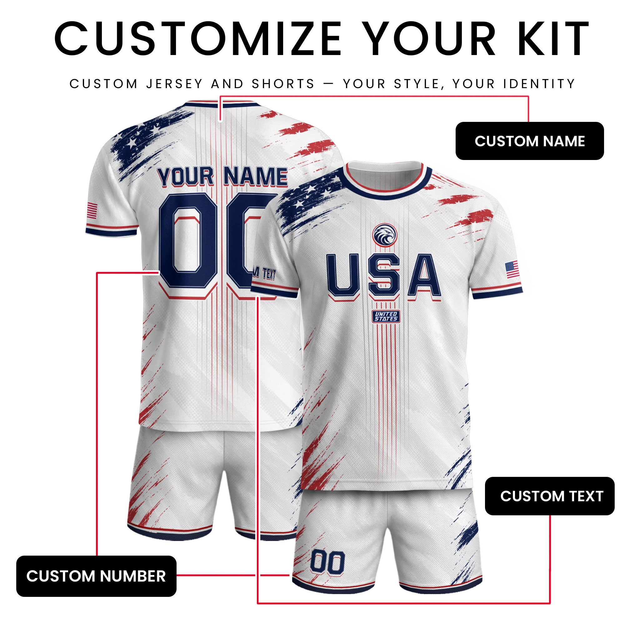 Custom USA Soccer Jersey Men White Brush Stroke Name Number Football Shirt
