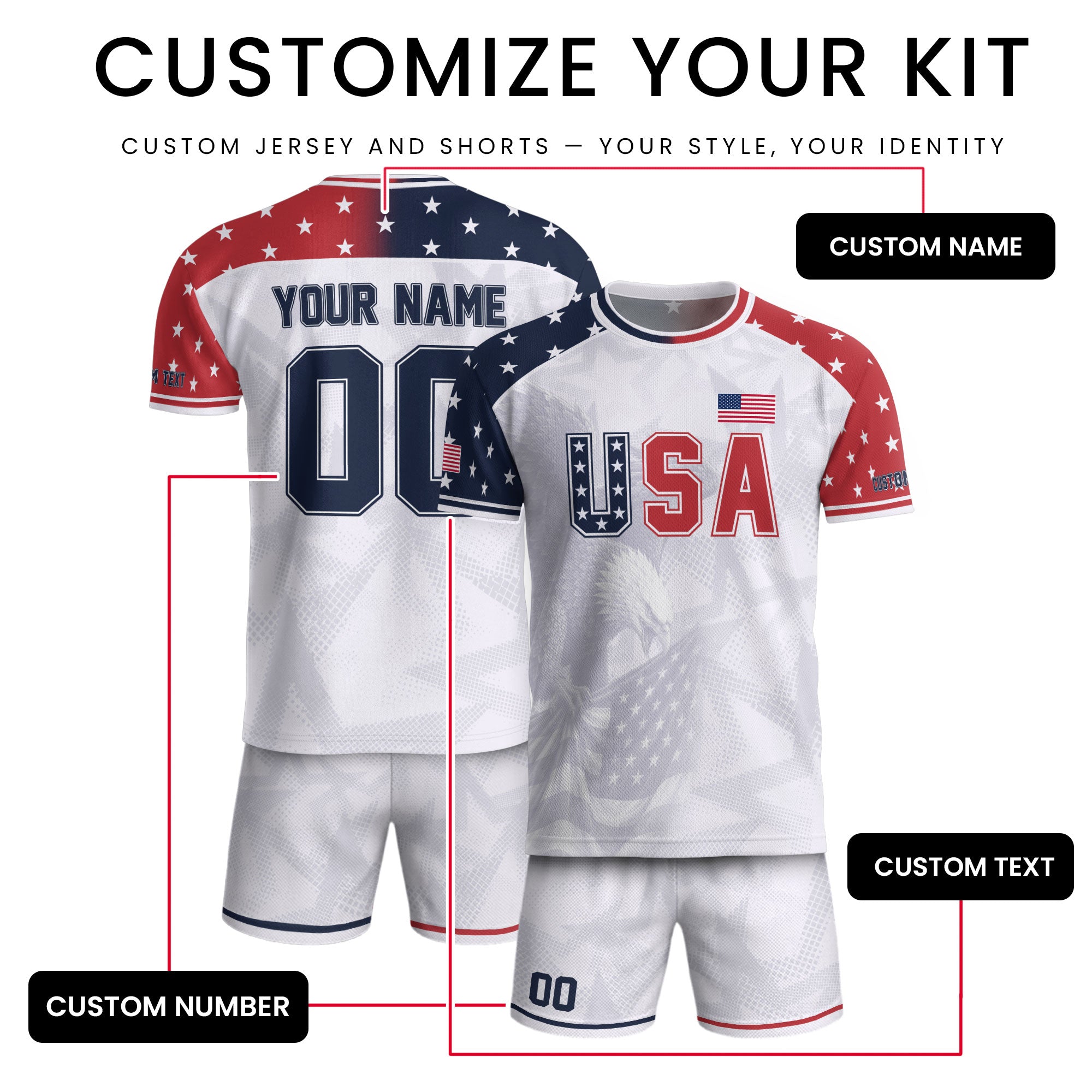 Custom USA Soccer Jersey White American Football Shirt Sports Fan Gear Name Men