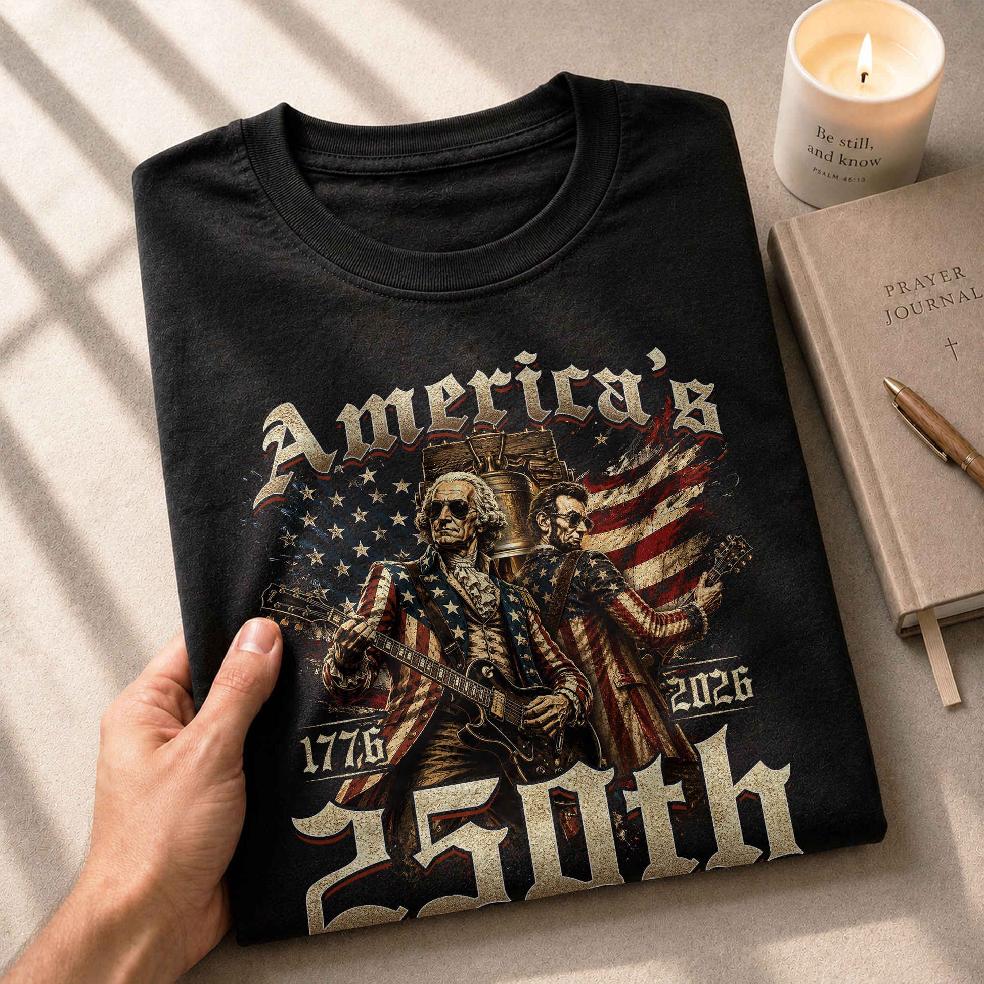 Washington and Lincoln Guitar Shirt 1776-2026 Patriotic Graphic Tee Historical Legacy Apparel - Rust Field Wear