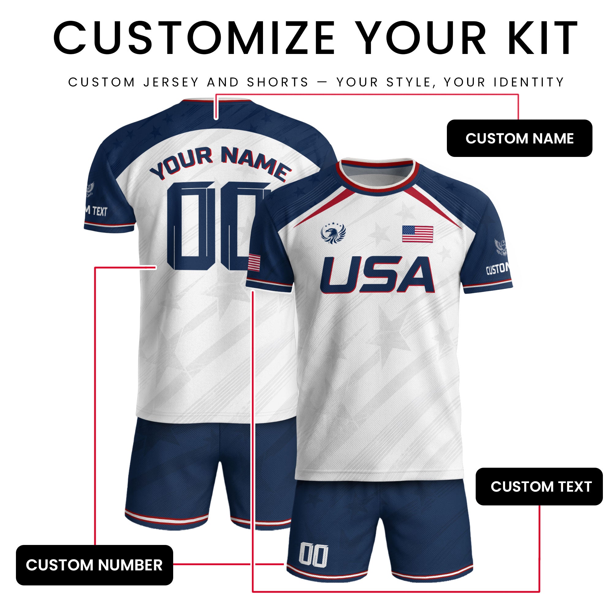 Custom Adult USA Soccer Jersey White Red Blue Patriotic American Team Football Shirt
