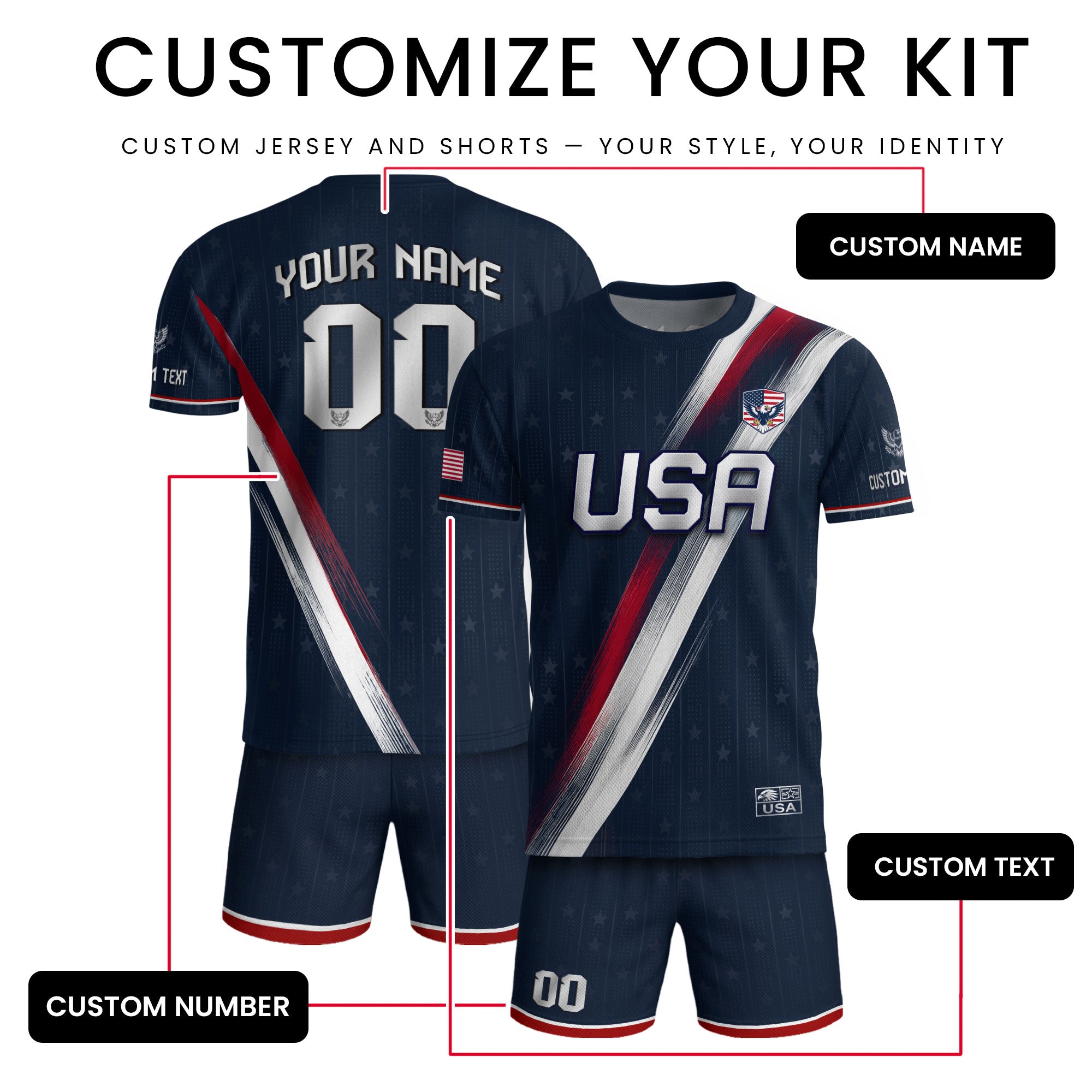 Custom Adult USA Soccer Jersey Navy Blue Patriotic American Eagle Team Football Shirt