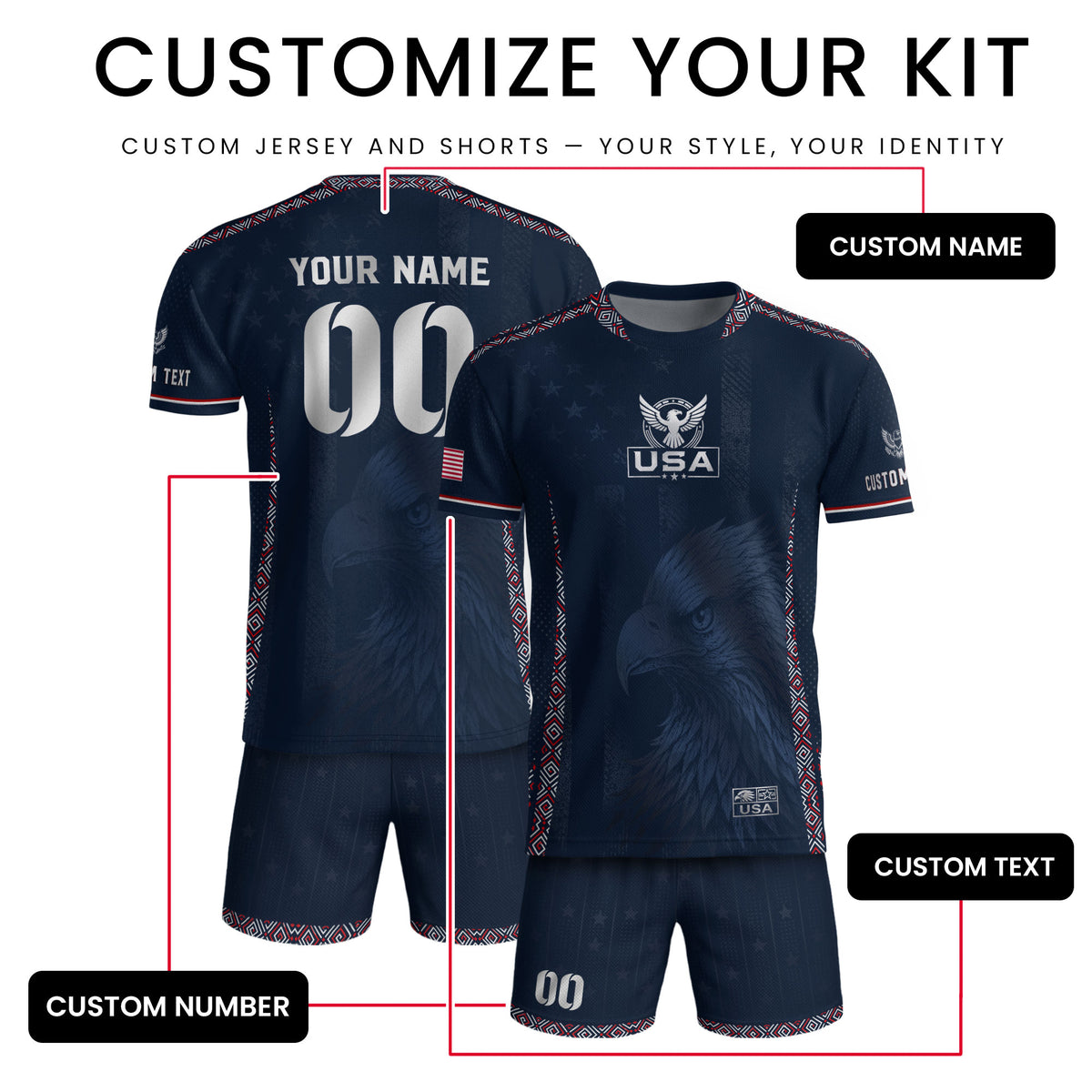Personalized Adult USA Soccer Jersey Navy Blue Patriotic American Eagle Football Shirt - Rust Field Wear