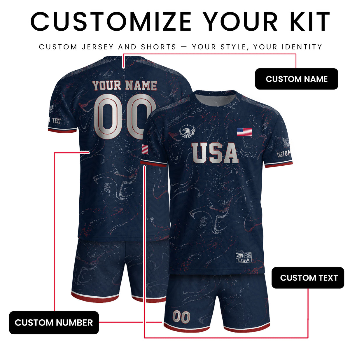 Custom Adult USA Soccer Jersey Navy Blue Patriotic American Flag Marble Football Shirt - Rust Field Wear