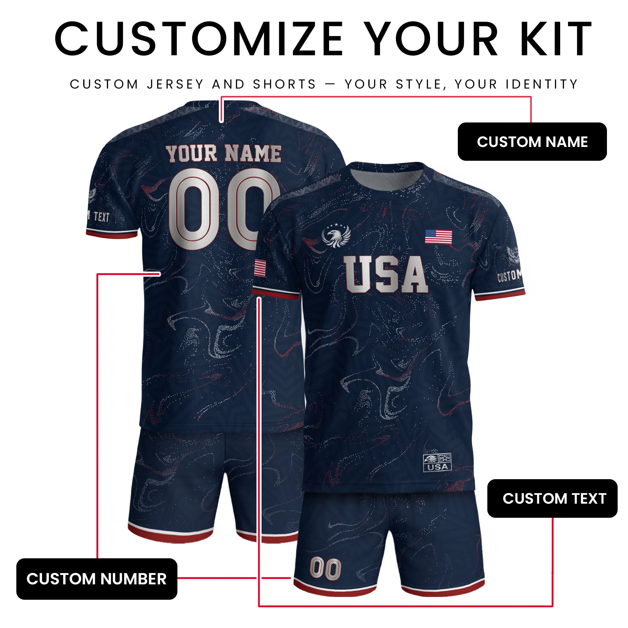 Custom Adult USA Soccer Jersey Navy Blue Patriotic American Flag Marble Football Shirt
