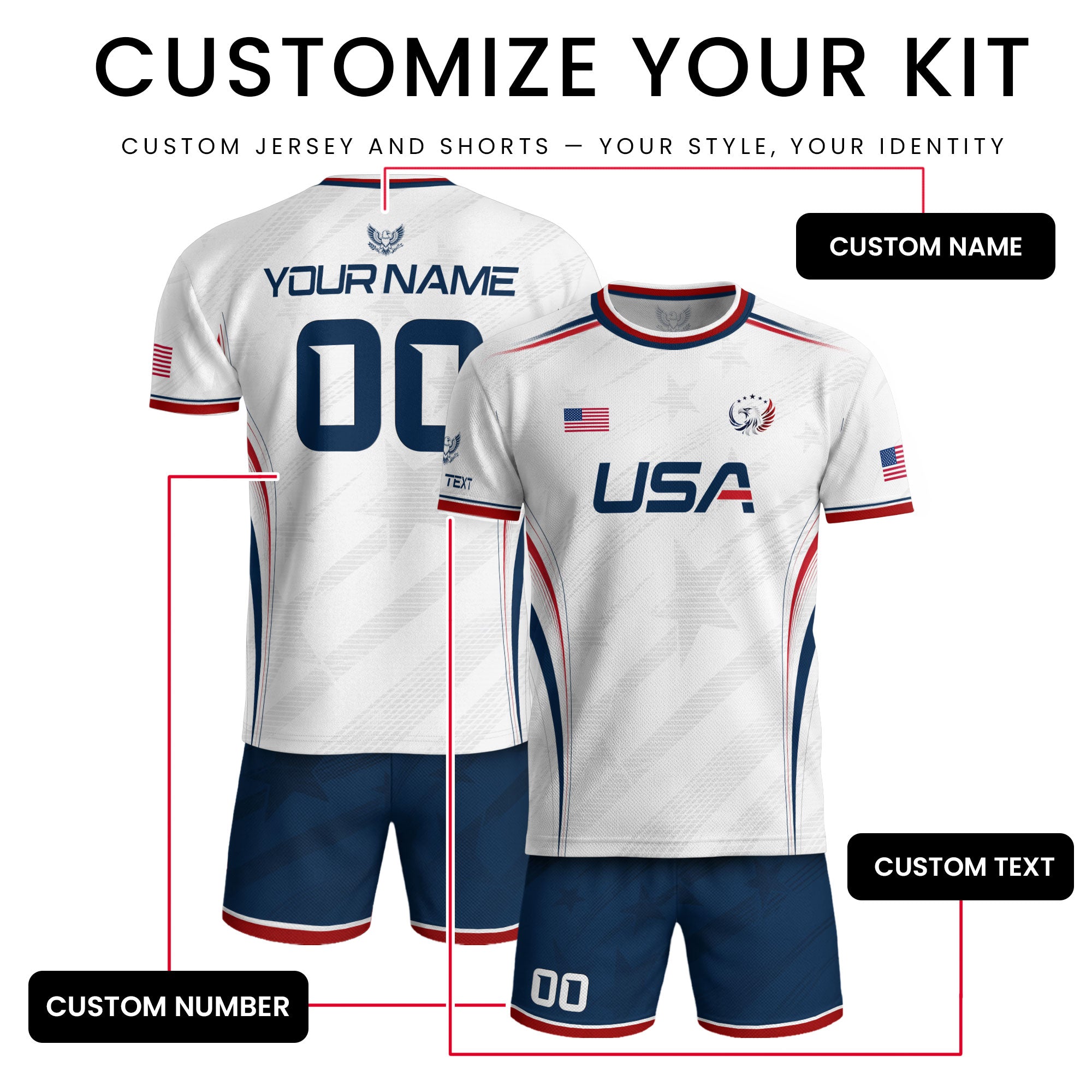 Custom White USA Soccer Jersey Personalized Adult Name Number Patriotic Sports Uniform