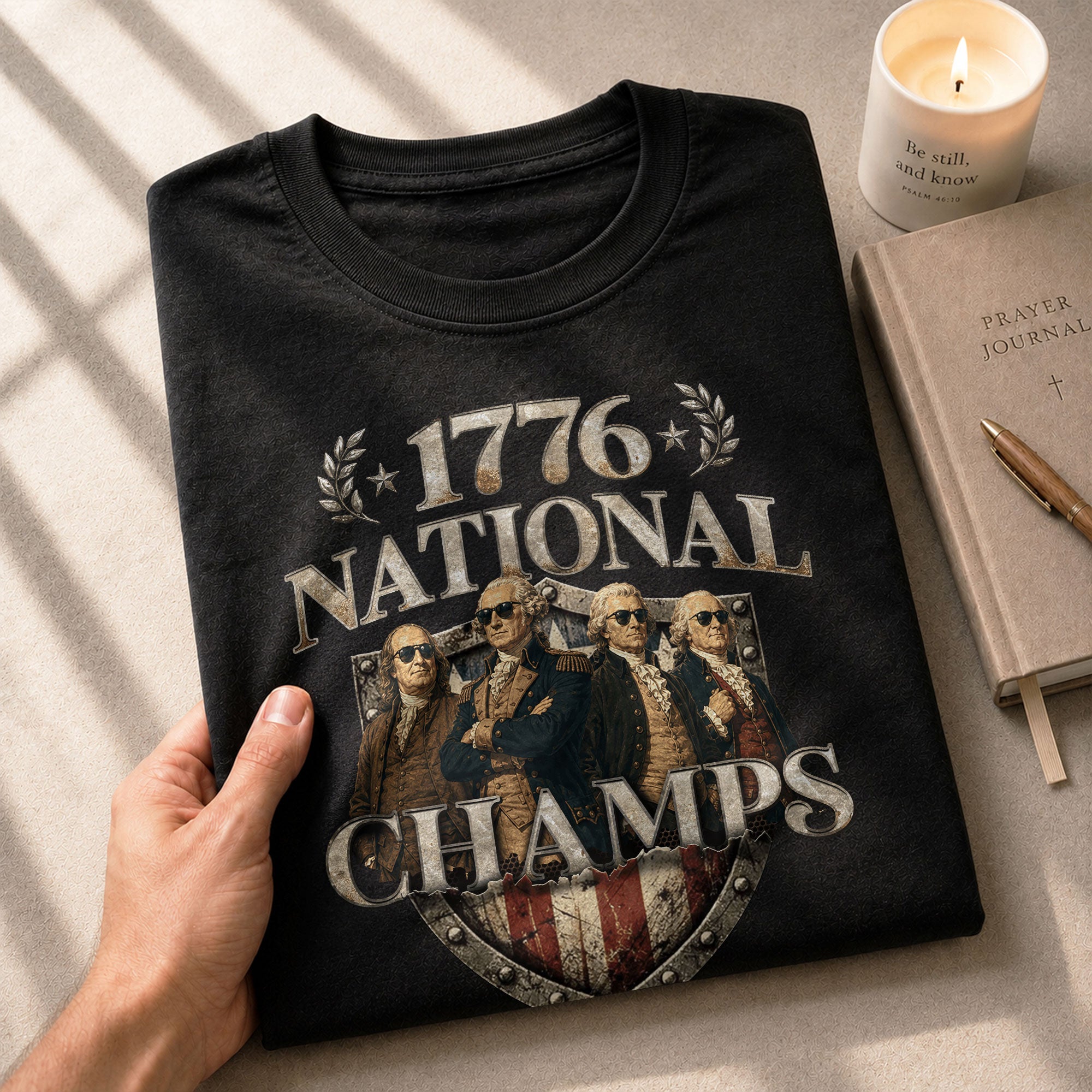 1776 National Champs T-Shirt Shield US Founding Fathers Patriotic 4th of July Graphic Tee - Rust Field Wear