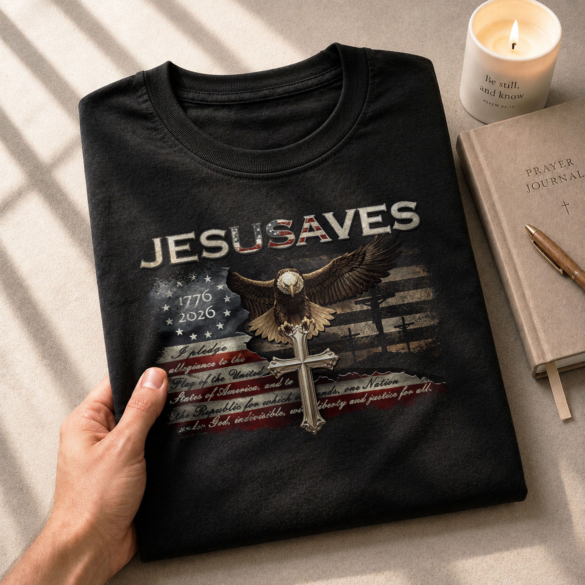 JESUSAVES Graphic T Shirt Patriotic American Eagle Cross Religious Faith Apparel - Rust Field Wear