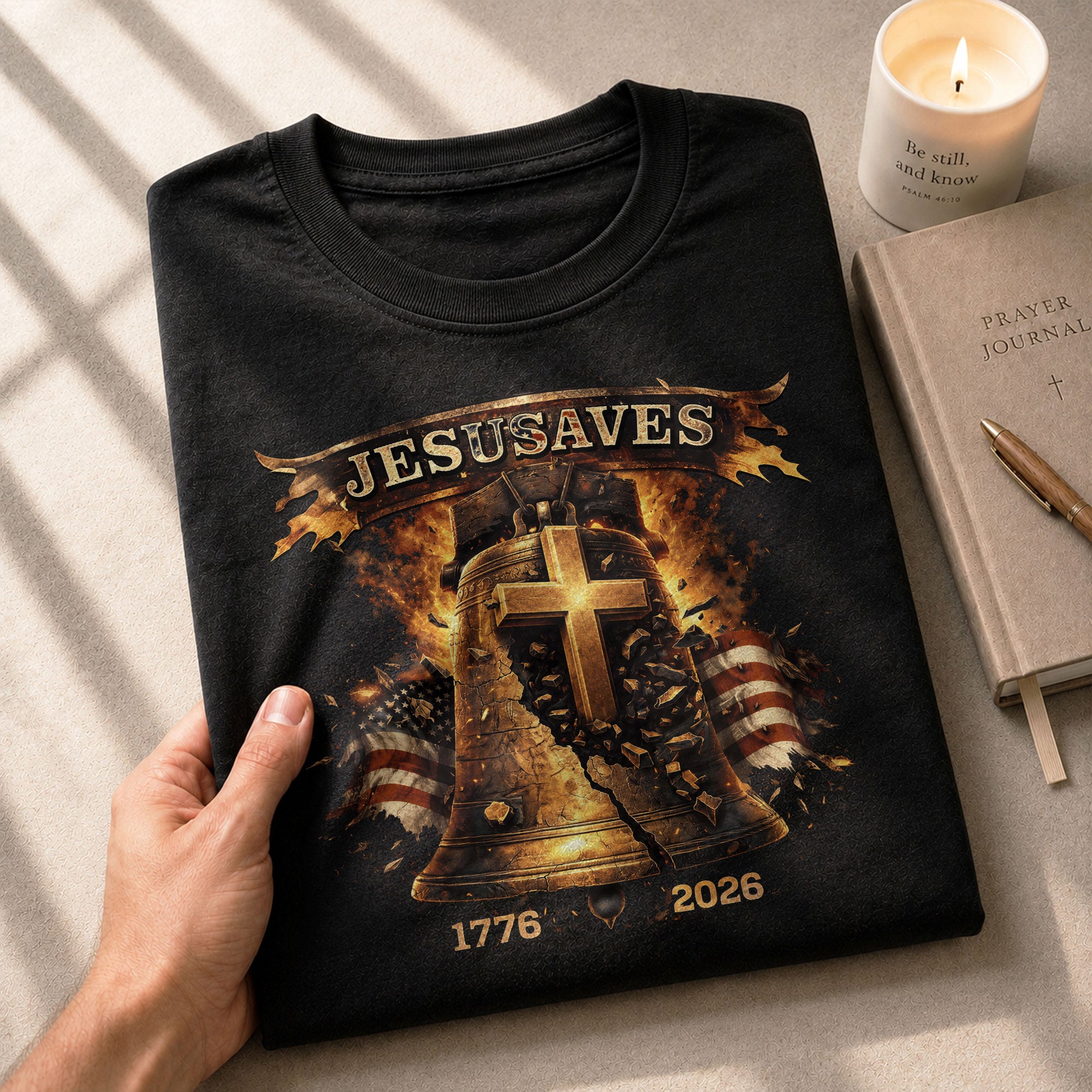 Faith Based JESUSAVES USA Flag Liberty Bell Graphic Tee 1776 to 2026 Commemorative Top - Rust Field Wear