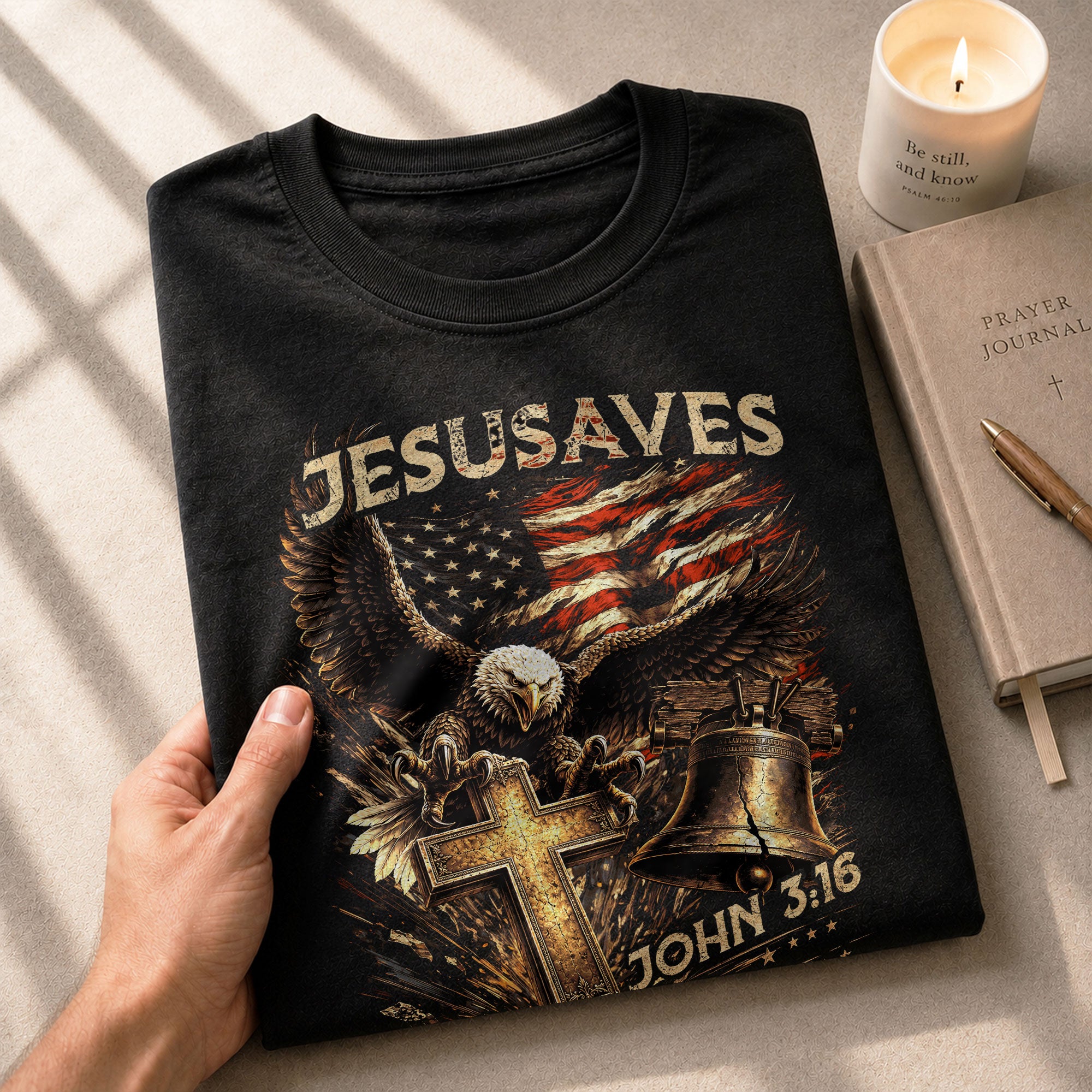 JESUSAVES John 3 16 Patriotic Graphic T Shirt American Eagle Cross Liberty Bell Tee - Rust Field Wear