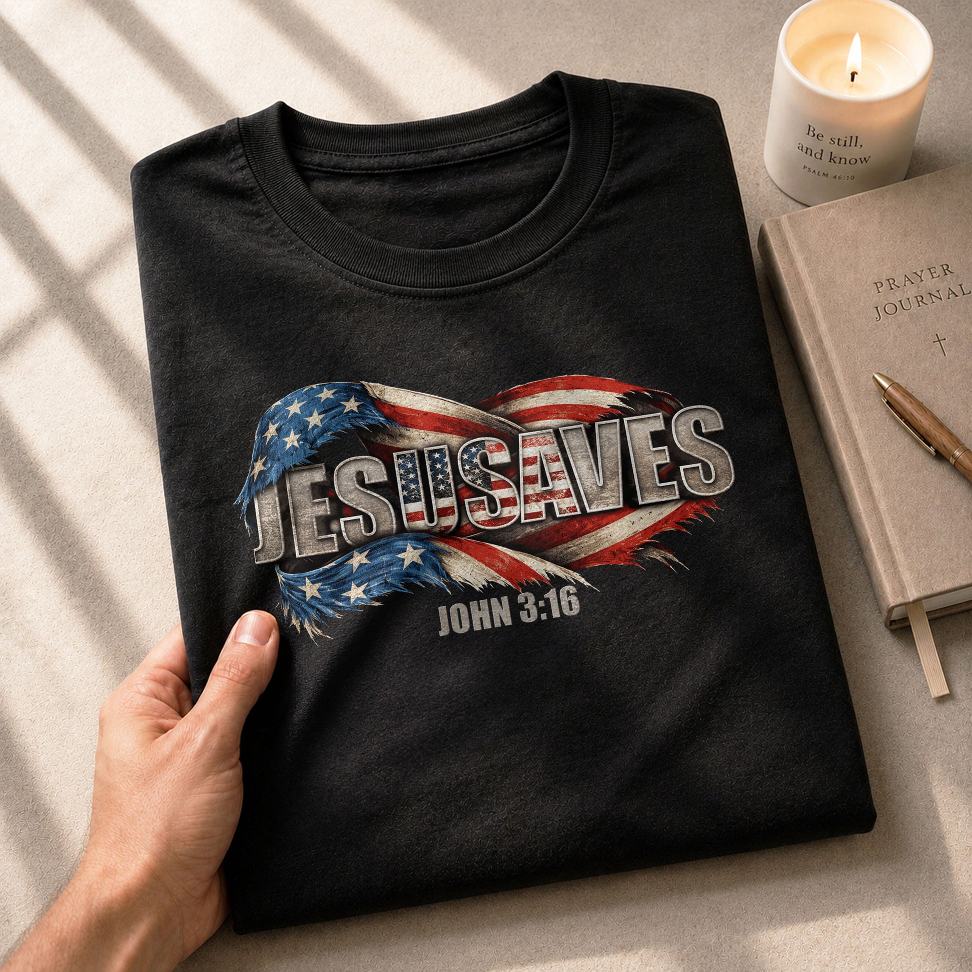 Distressed Flag JESUSAVES Graphic T Shirt John 3 16 Spiritual Patriotic Cotton Top - Rust Field Wear