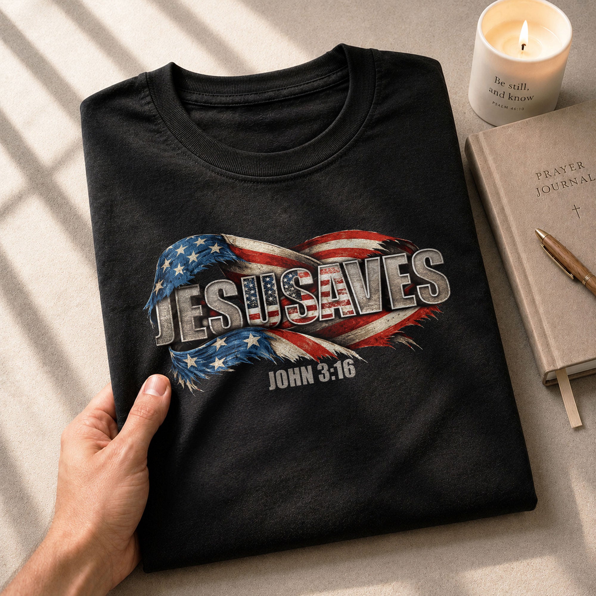 Distressed Flag JESUSAVES Graphic T Shirt John 3 16 Spiritual Patriotic Cotton Top - Rust Field Wear