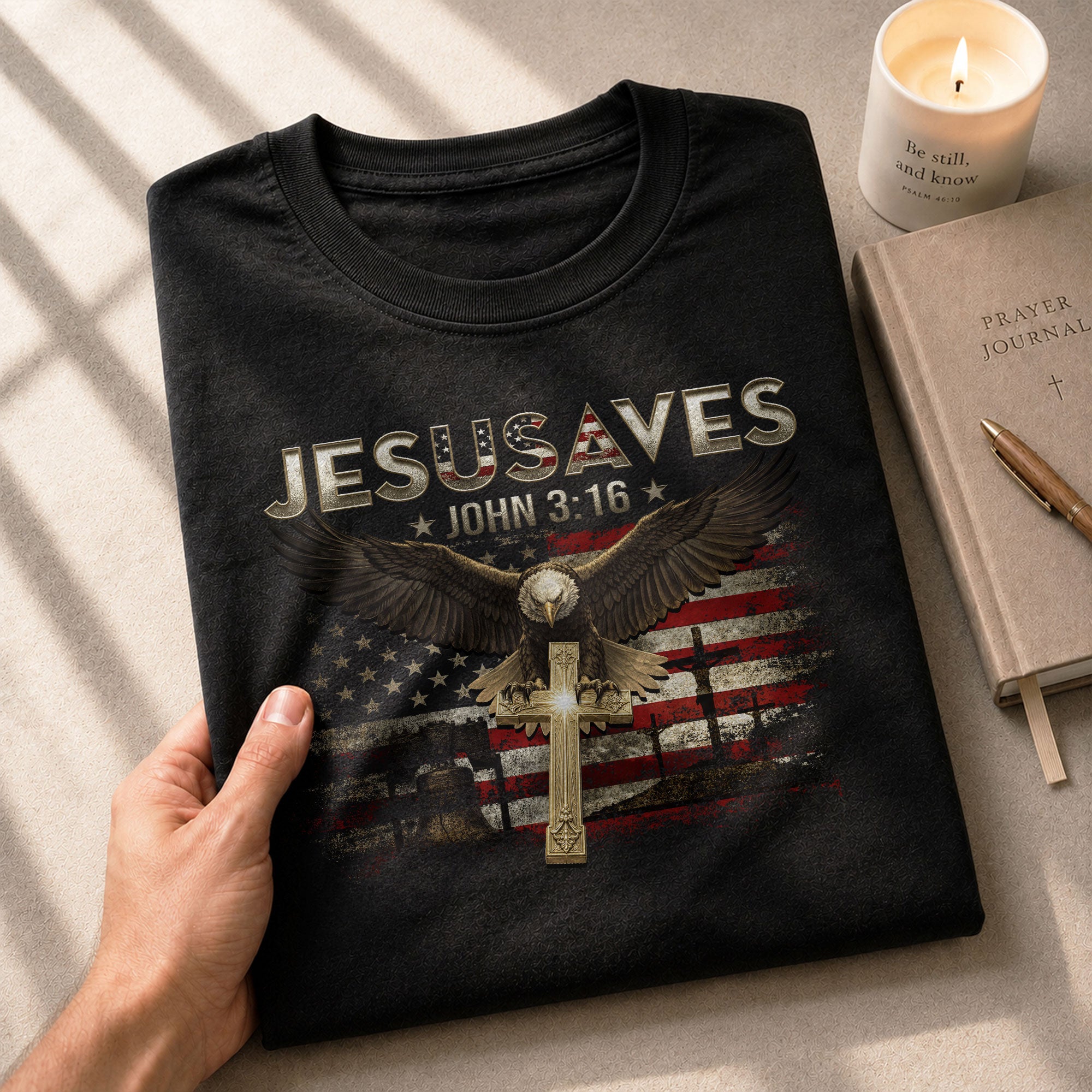 American Eagle JESUSAVES John 3 16 T Shirt Patriotic Religious Faith Graphic Cotton Tee - Rust Field Wear