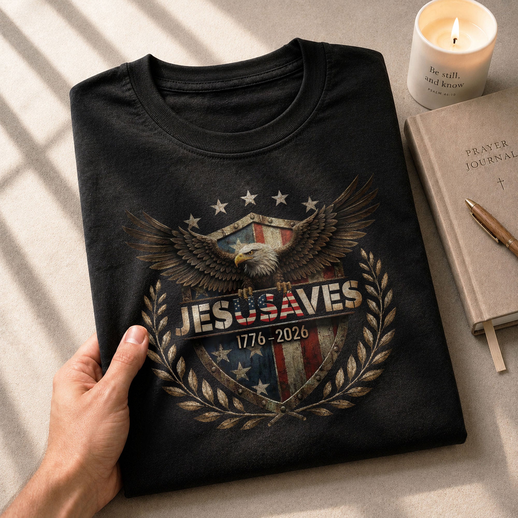 JESUSAVES 1776-2026 T-Shirt Patriotic American Eagle Graphic Tee - Classic Apparel Item - Rust Field Wear