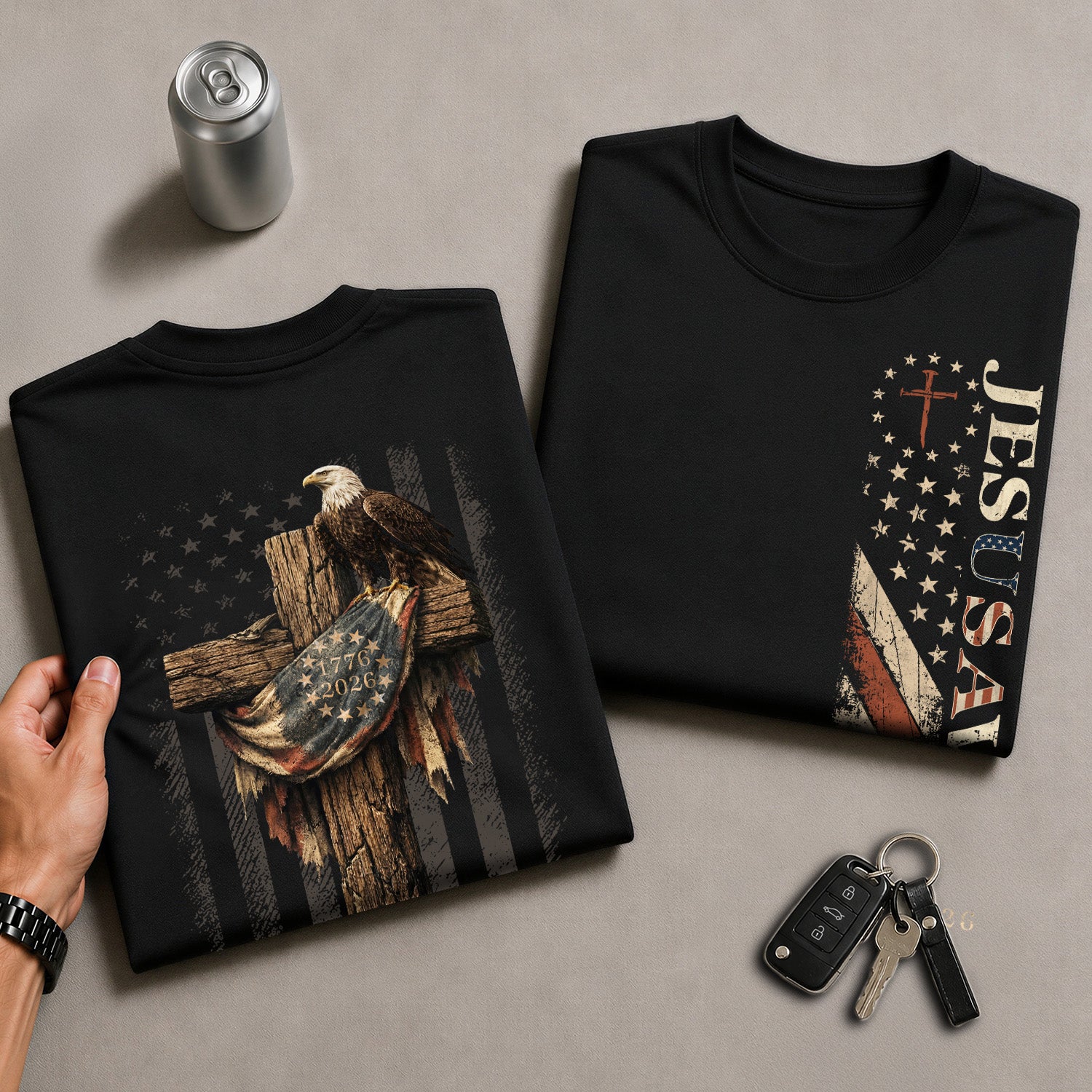 Patriotic JESUSAVES 1776-2026 Eagle T-Shirt American Flag Design - Versatile Apparel - Rust Field Wear