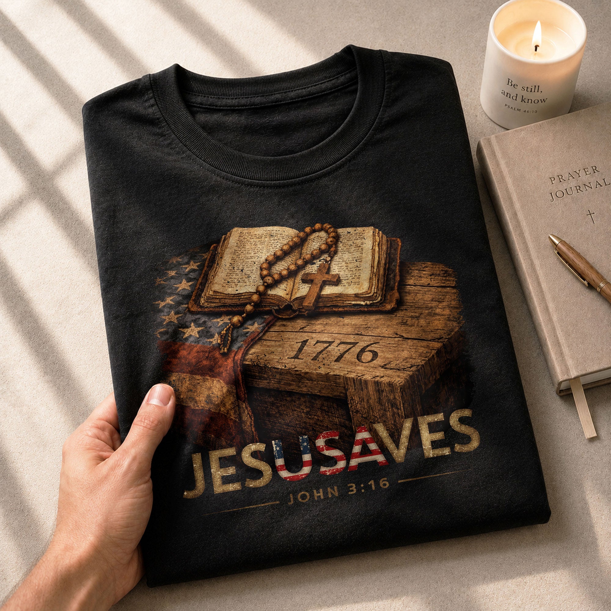 JESUSAVES 1776 Patriotic T-Shirt - Vintage American Flag Graphic Tee - Casual Apparel - Rust Field Wear