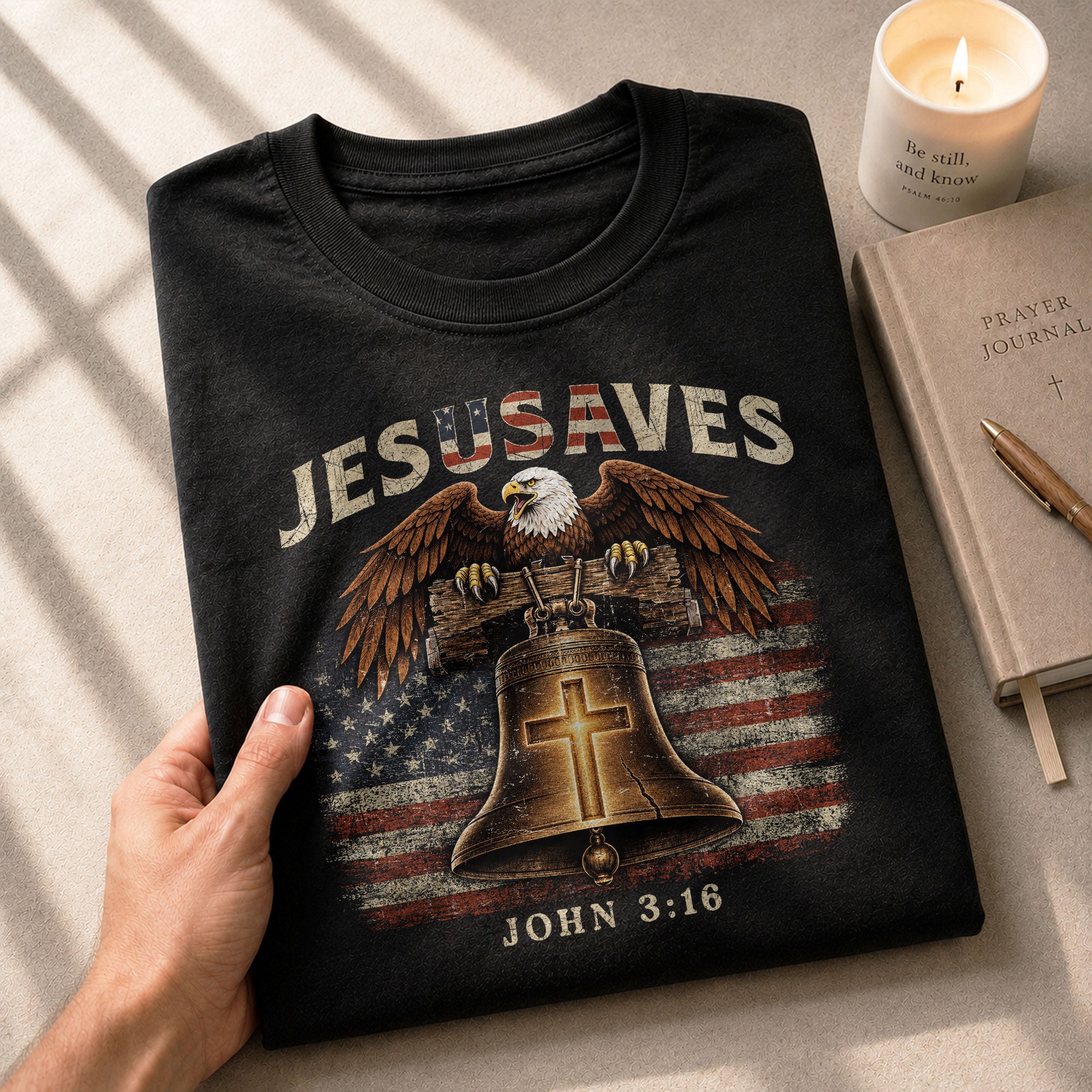 JESUSAVES American Eagle Bell Print T-Shirt Patriotic Graphic Casual Wear Unisex Tee - Rust Field Wear