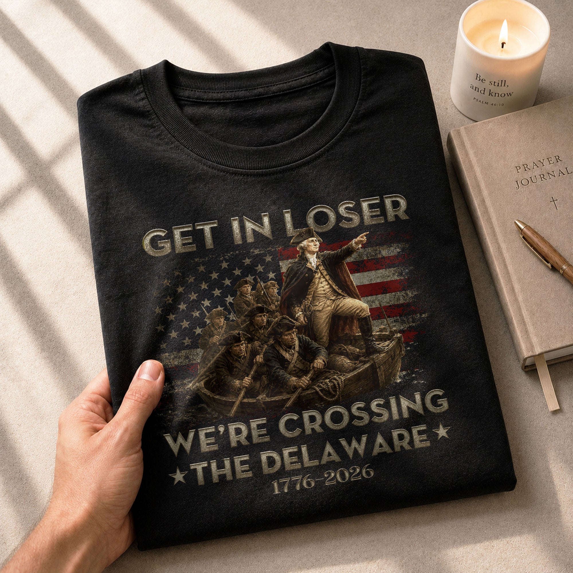 The Delaware Crossing Anniversary Tee - 1776-2026 Patriotic George Washington Cotton Shirt - Rust Field Wear