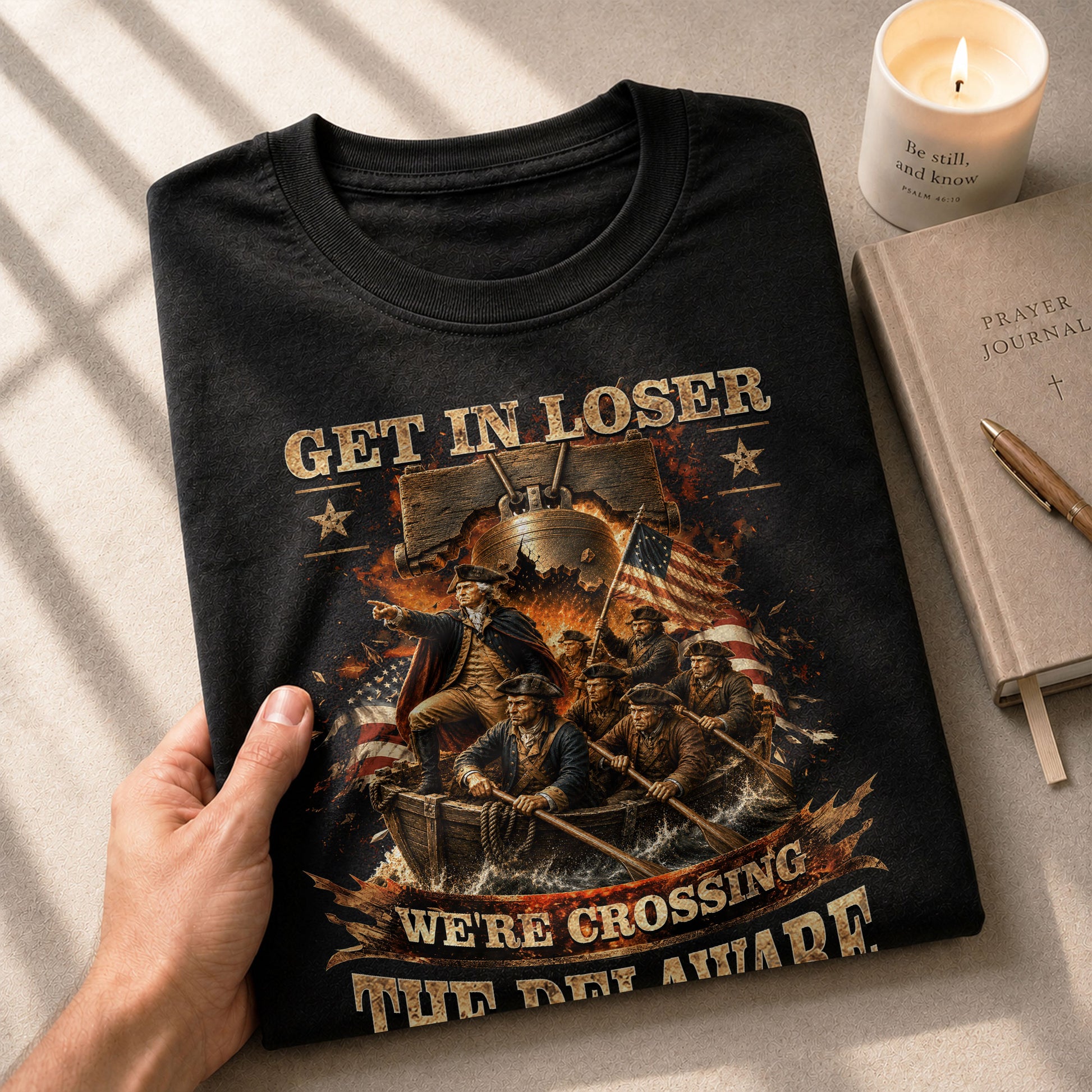 Get In Loser We're Crossing The Delaware T-Shirt Revolutionary War Patriotic Sleeve Tee - Rust Field Wear