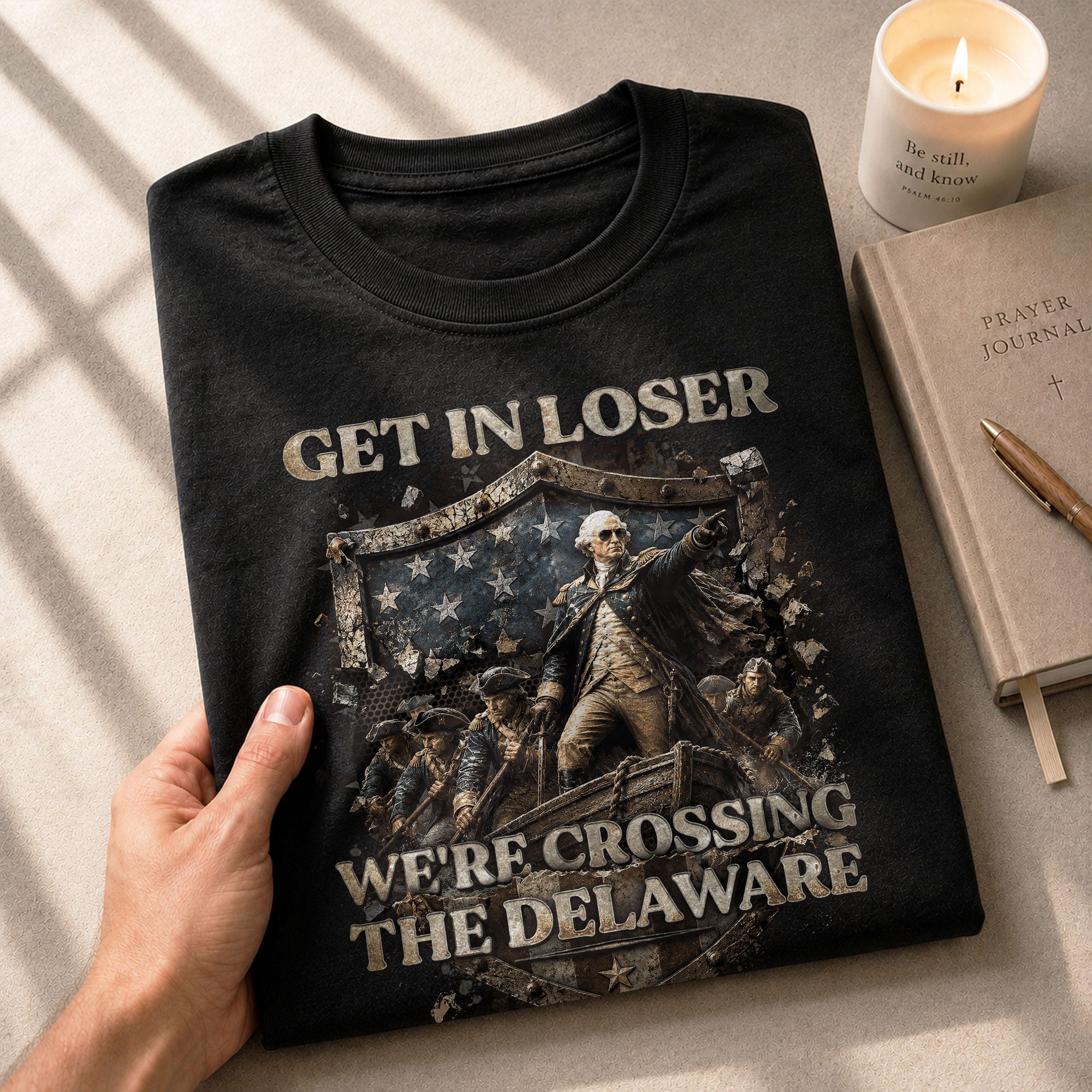 Get In Loser We're Crossing The Delaware T-Shirt George Washington Patriotic Sleeve Tee - Rust Field Wear