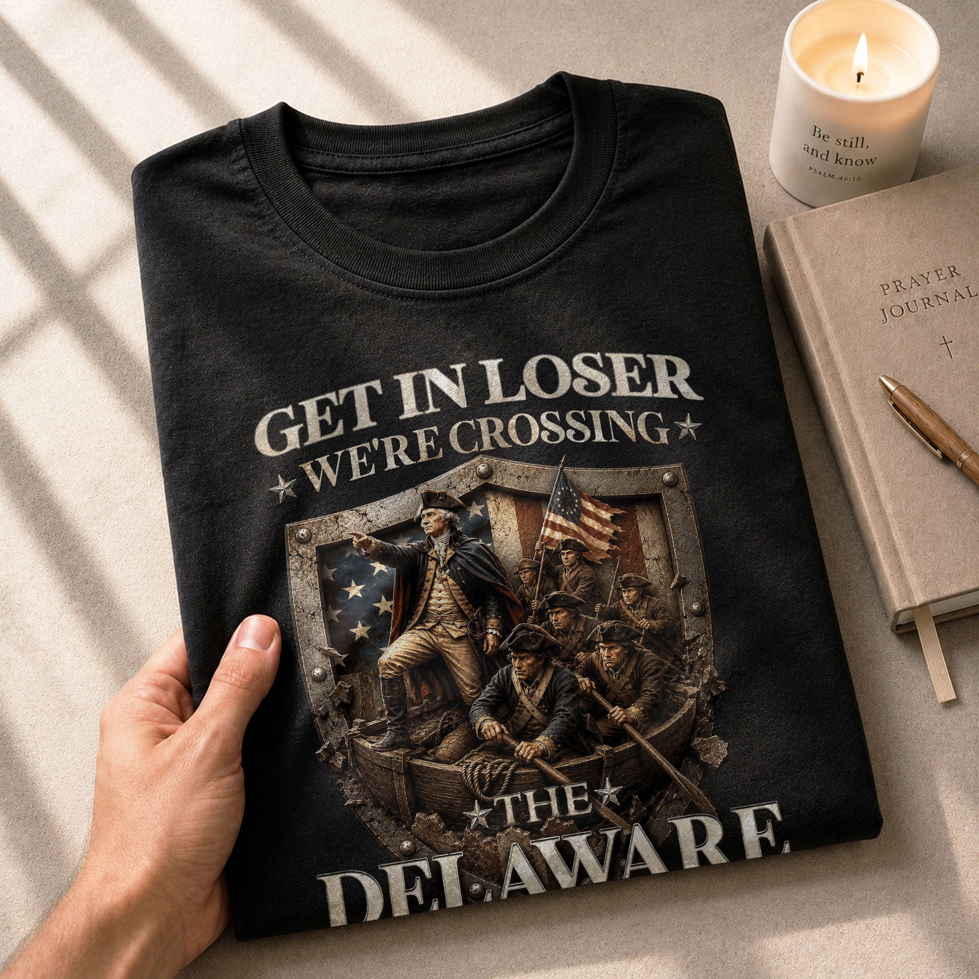 Get In Loser We're Crossing The Delaware George Washington Shield Patriotic T-Shirt - Rust Field Wear