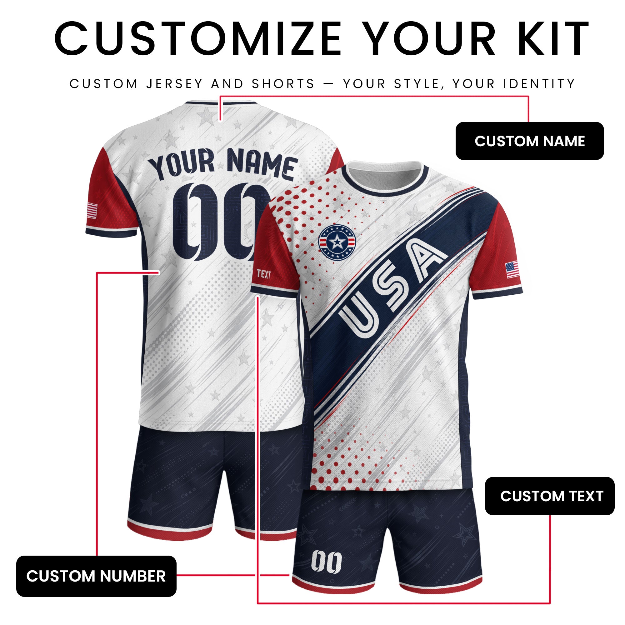 Custom Adult White Soccer Jersey - Personalized Name & Number USA Patriotic Sportswear