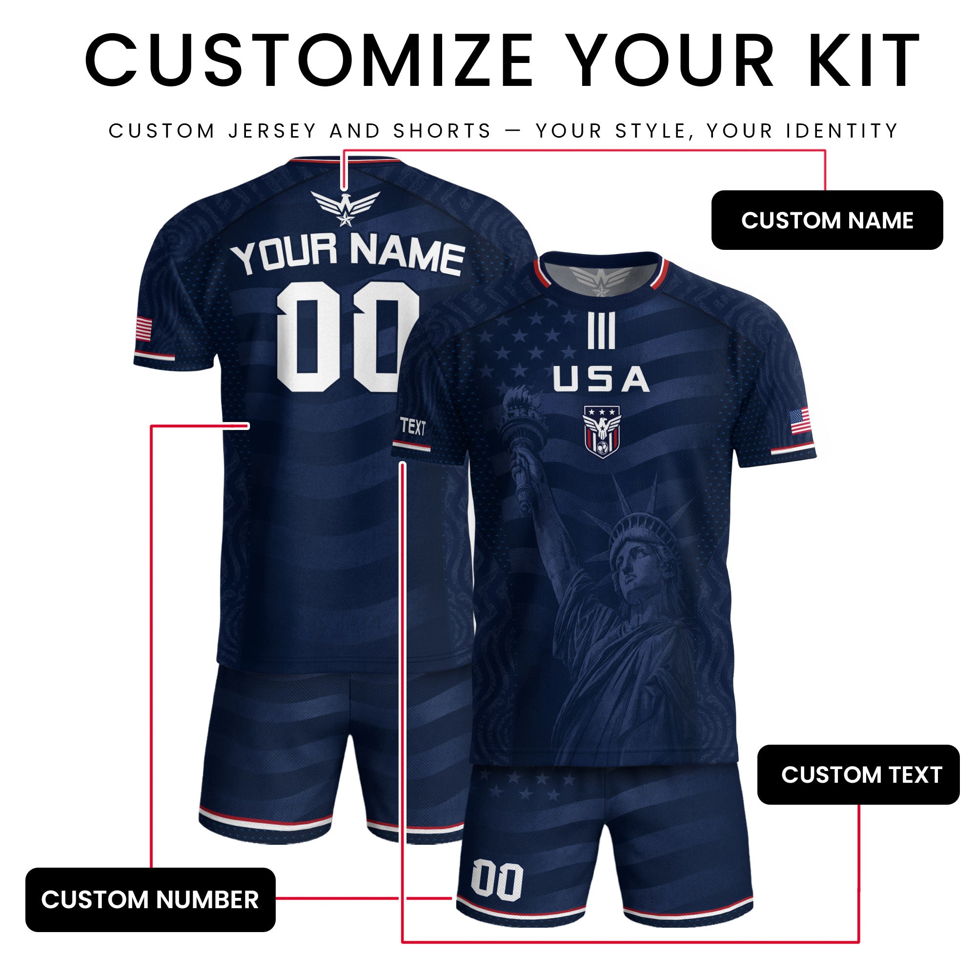 Custom Blue USA Statue of Liberty Soccer Jersey - Personalized Name & Number Shirt