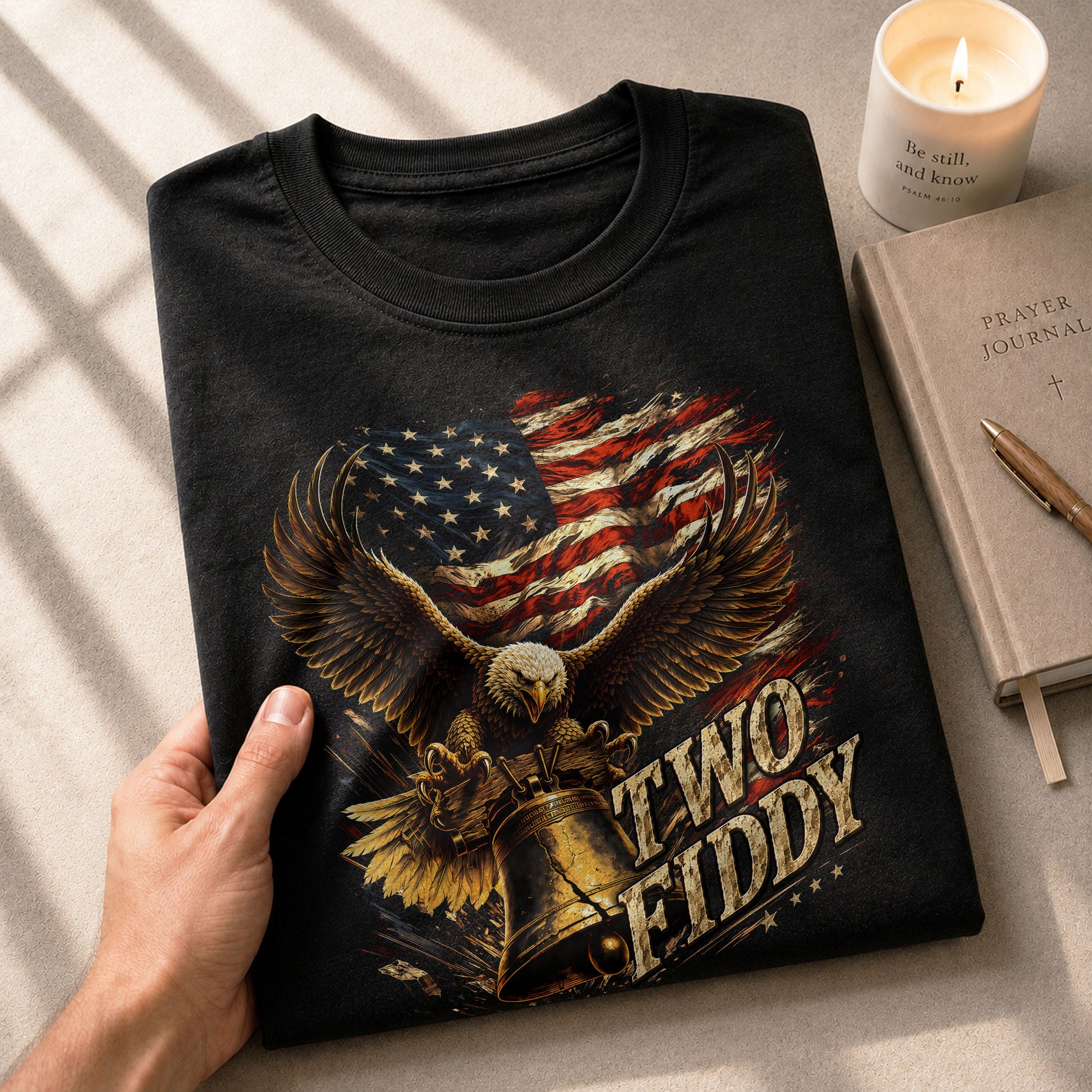 Iconic Patriotic Shirt - Two Fiddy Eagle Liberty Bell American Flag Graphic Design - Rust Field Wear