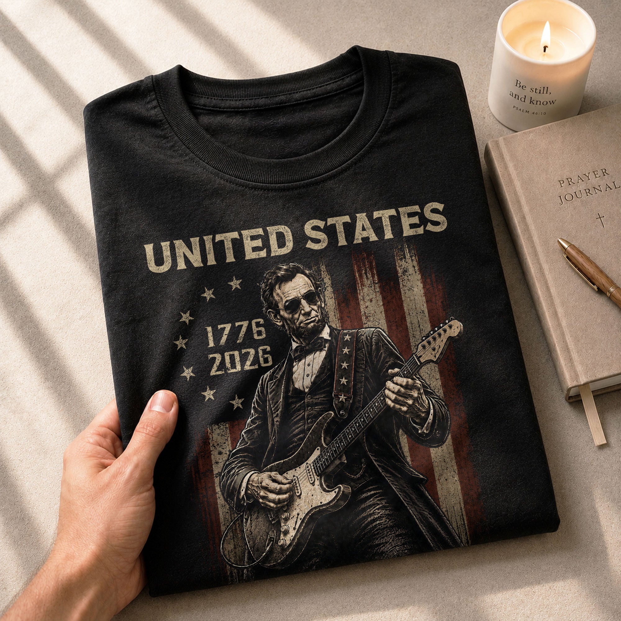Lincoln Rock Guitar Shirt 1776 2026 Vintage American Flag Patriotic Graphic Tee Men - Rust Field Wear