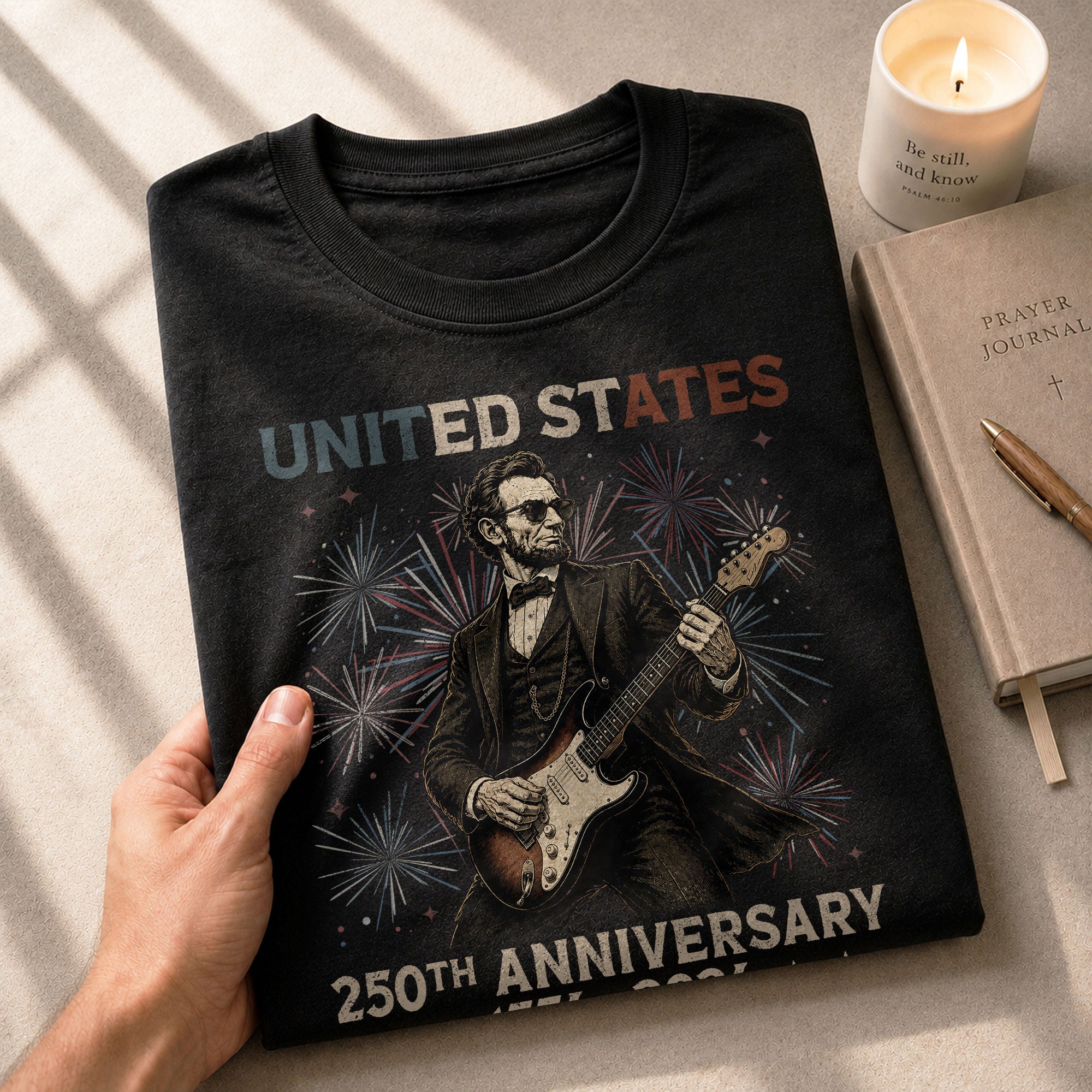 Lincoln Rock Guitar Shirt 1776 2026 Patriotic Fireworks We The People Graphic Tee - Rust Field Wear
