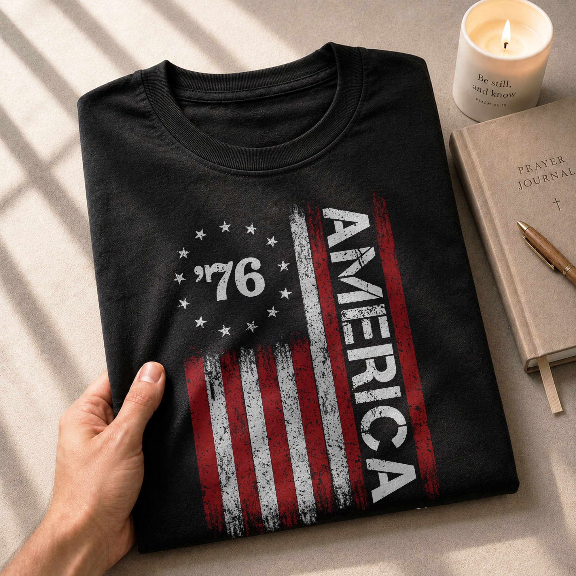Classic Retro Style American Flag 76 Apparel Patriotic Graphic T-Shirt Holiday Wear - Rust Field Wear