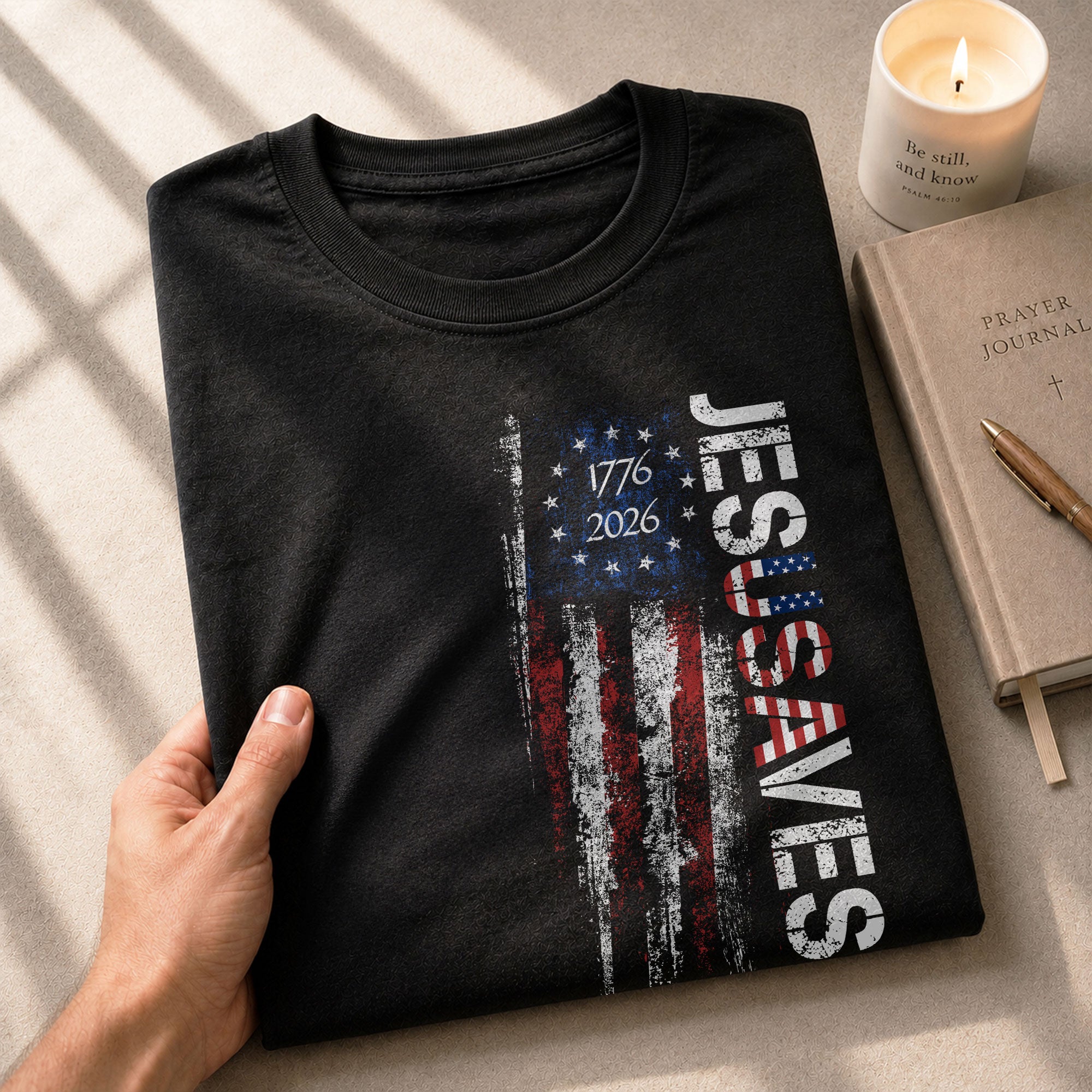 JESUSAVES T-Shirt USA Flag Patriotic 1776 2026 Betsy Ross Men Cotton Tee Shirt - Rust Field Wear