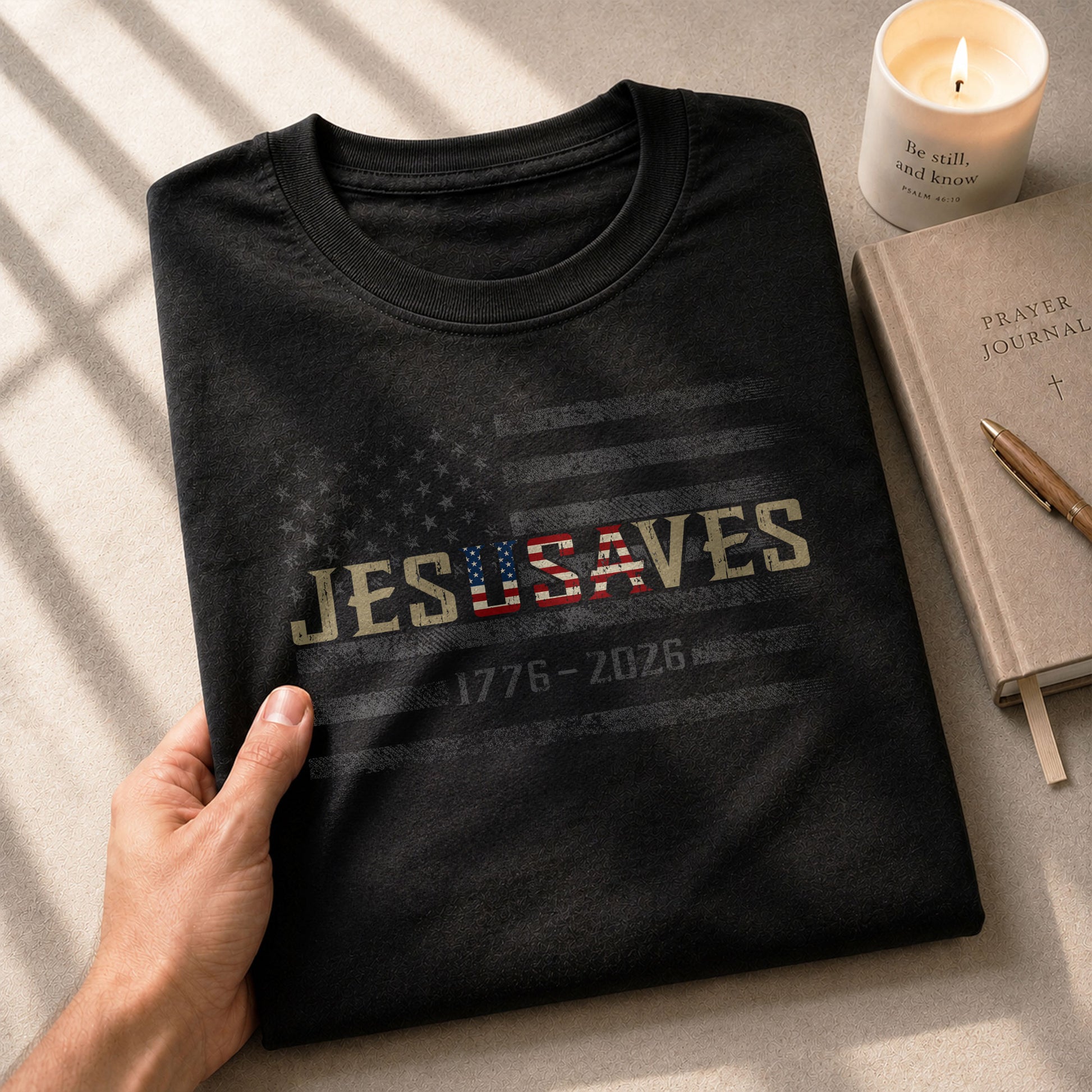JESUSAVES T-Shirt USA Flag Patriotic 1776 2026 American Pride Men Cotton Tee Shirt - Rust Field Wear