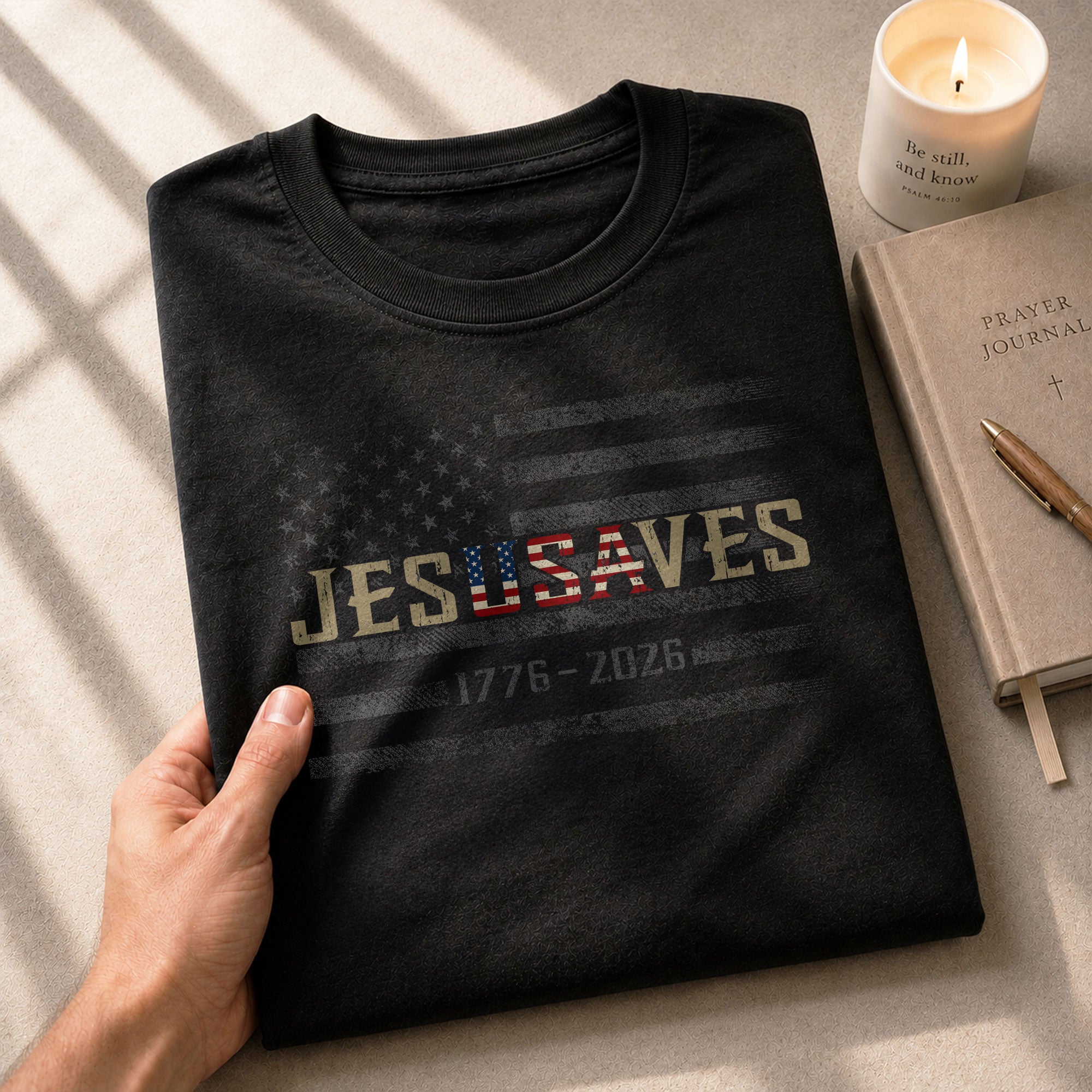 JESUSAVES T-Shirt USA Flag Patriotic 1776 2026 American Pride Men Cotton Tee Shirt - Rust Field Wear
