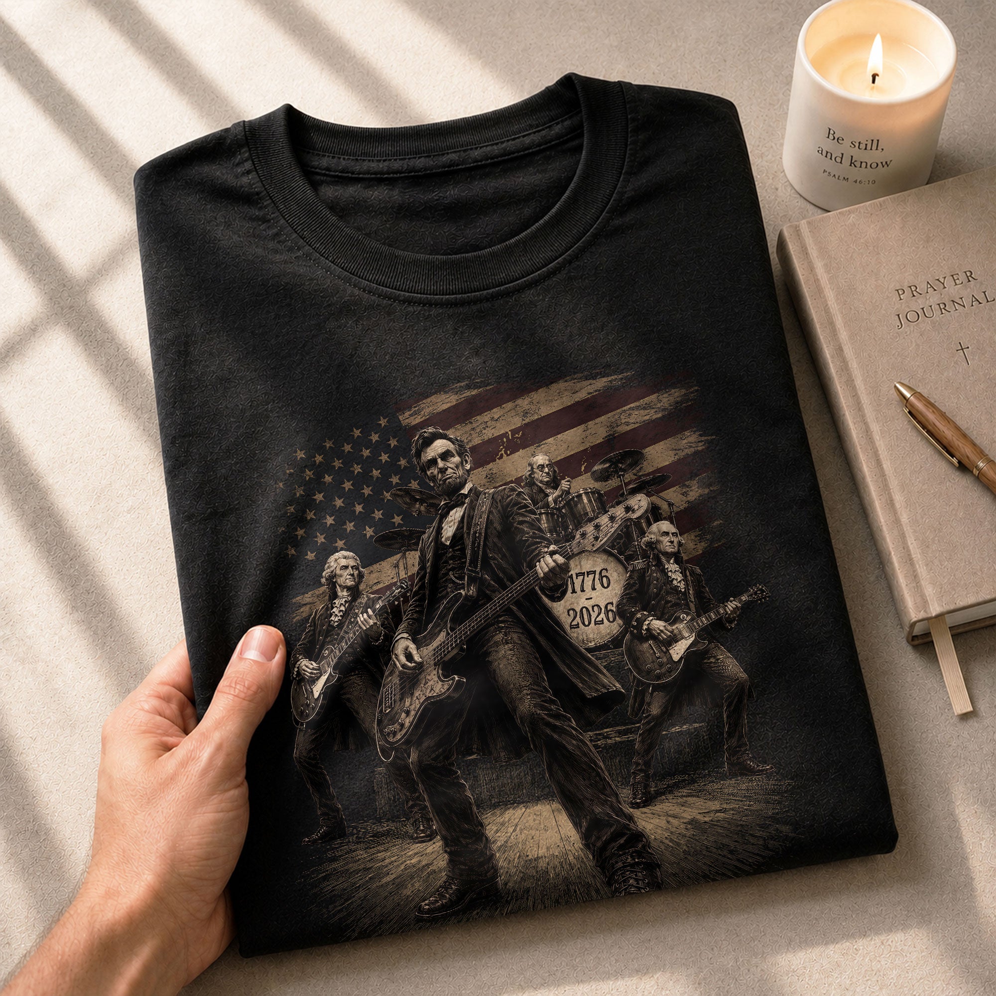 Lincoln Playing Guitar Vintage Patriotic Shirt 1776 2026 Rock Band Sleeve Tee - Rust Field Wear