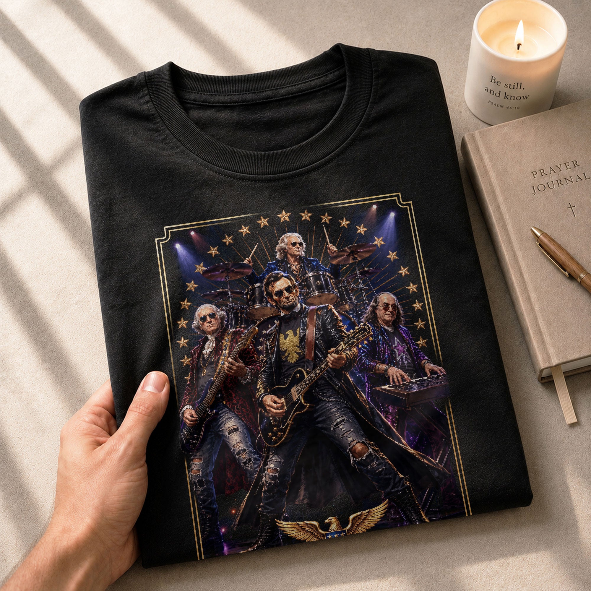 Patriotic Lincoln Guitar Player T-Shirt Vintage Rock Band Graphic Sleeve Tee - Rust Field Wear