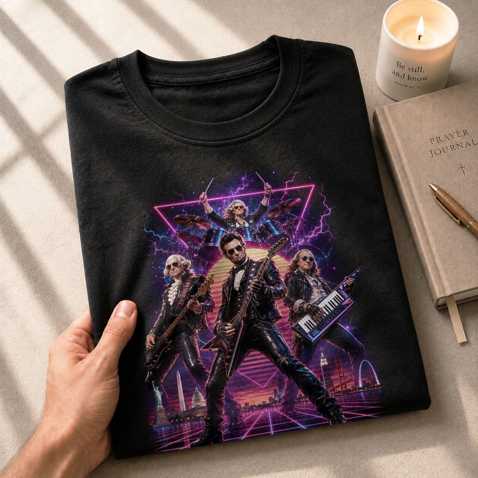 Retro Lincoln Guitar Player T-Shirt Neon Synthwave Rock Band Graphic Tee Gift - Rust Field Wear
