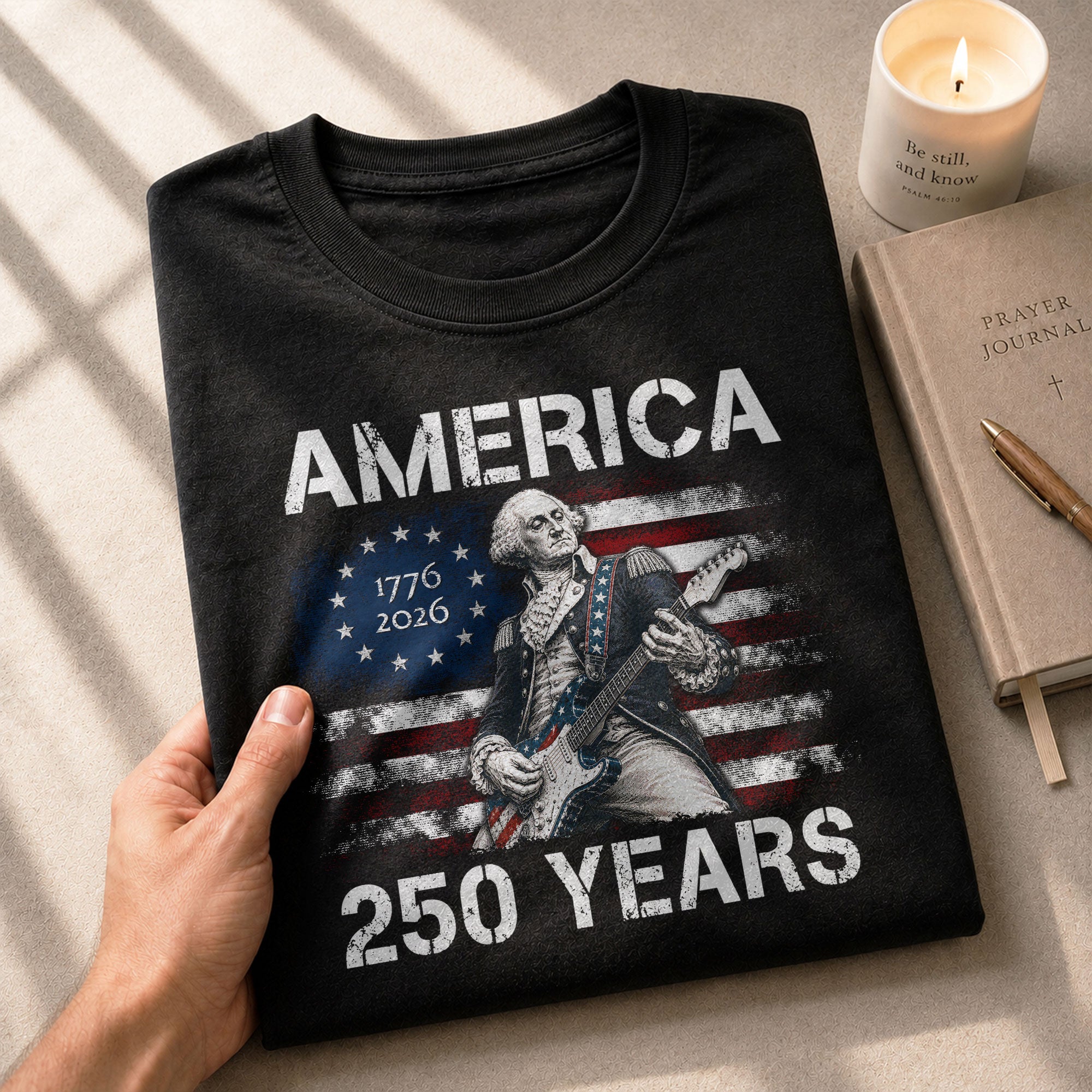 250 Years George Washington Playing Guitar Patriotic Flag Independence Shirt - Rust Field Wear