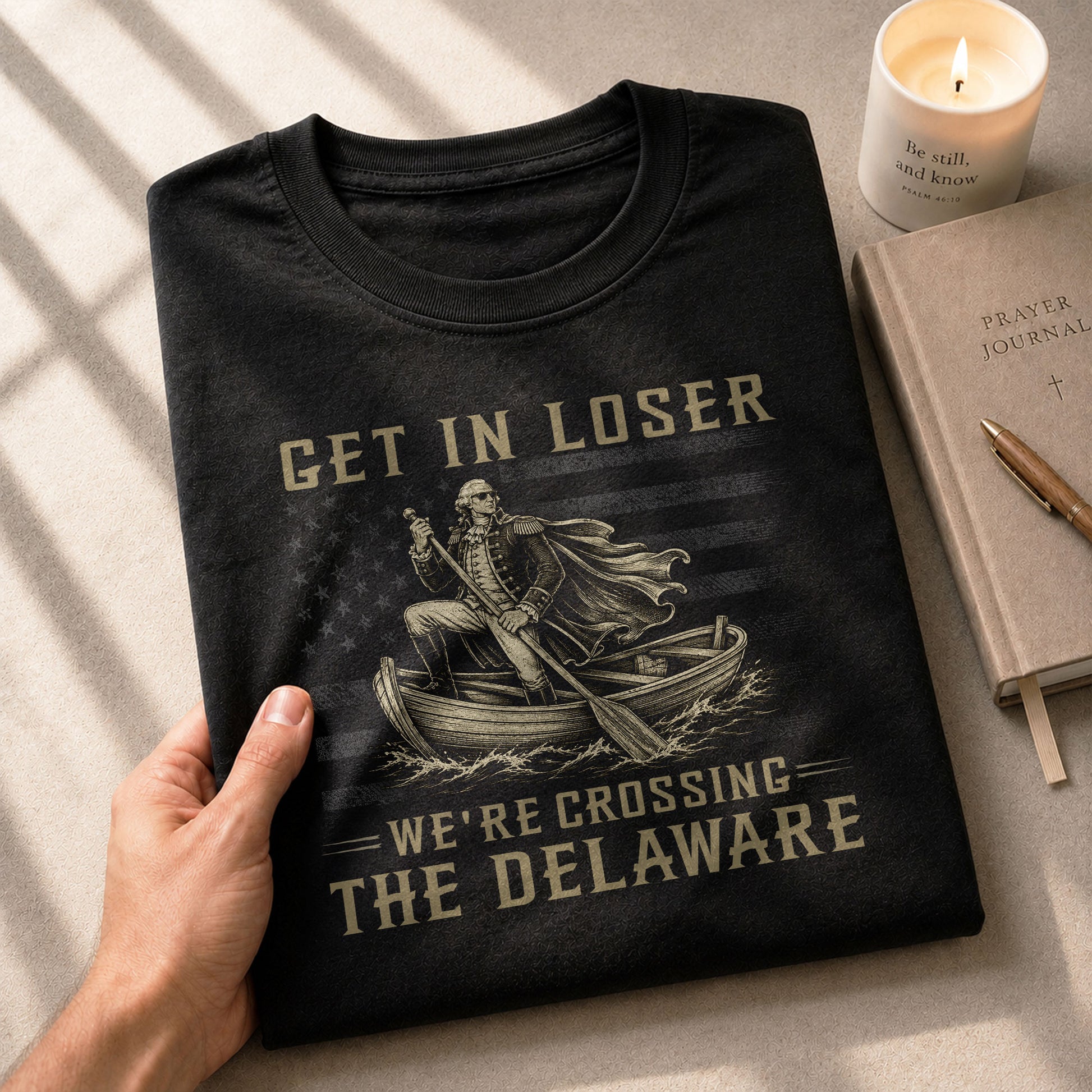 Patriotic Delaware River Crossing Tee - Get In Loser Washington Graphic Men's Shirt - Rust Field Wear