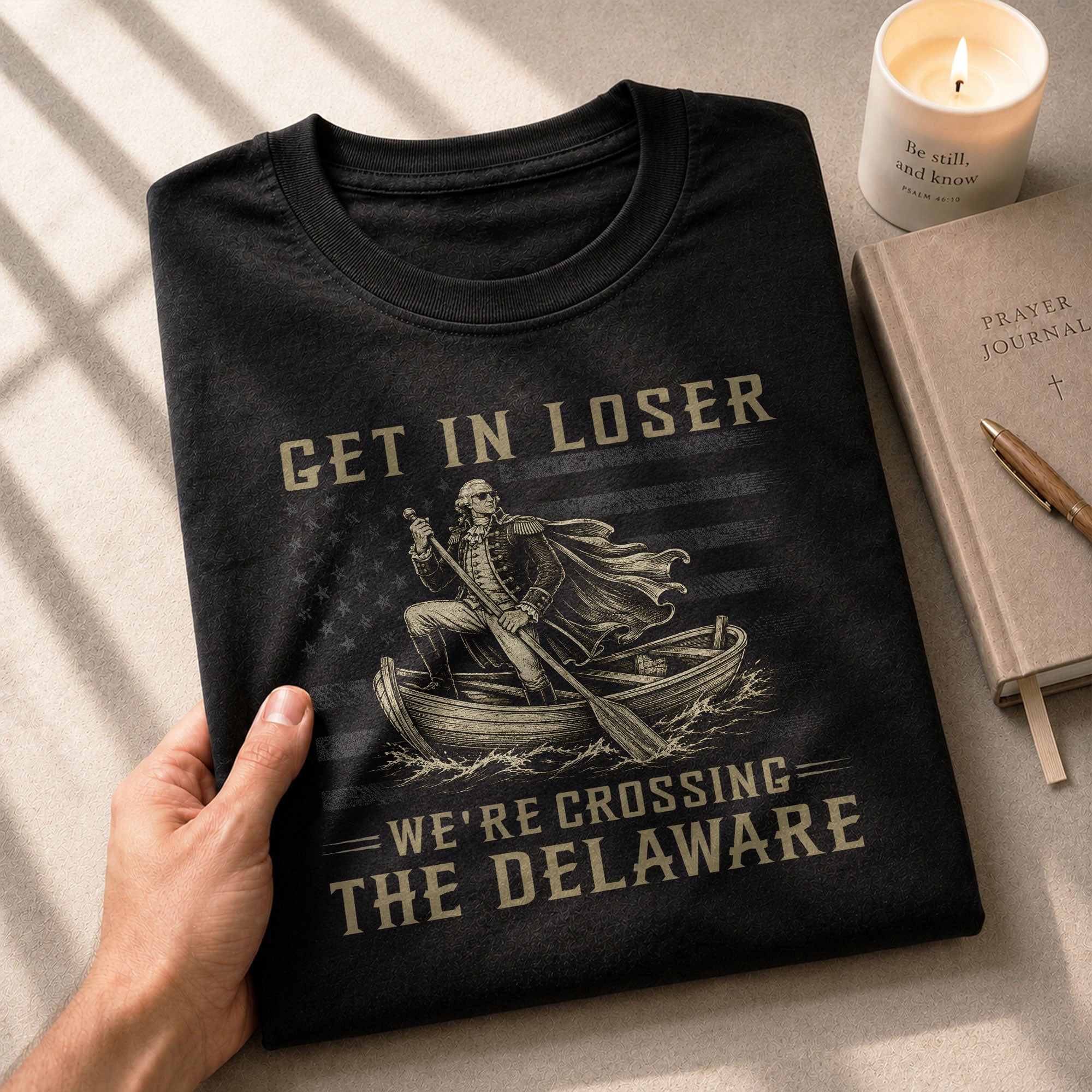 Patriotic Delaware River Crossing Tee - Get In Loser Washington Graphic Men's Shirt - Rust Field Wear
