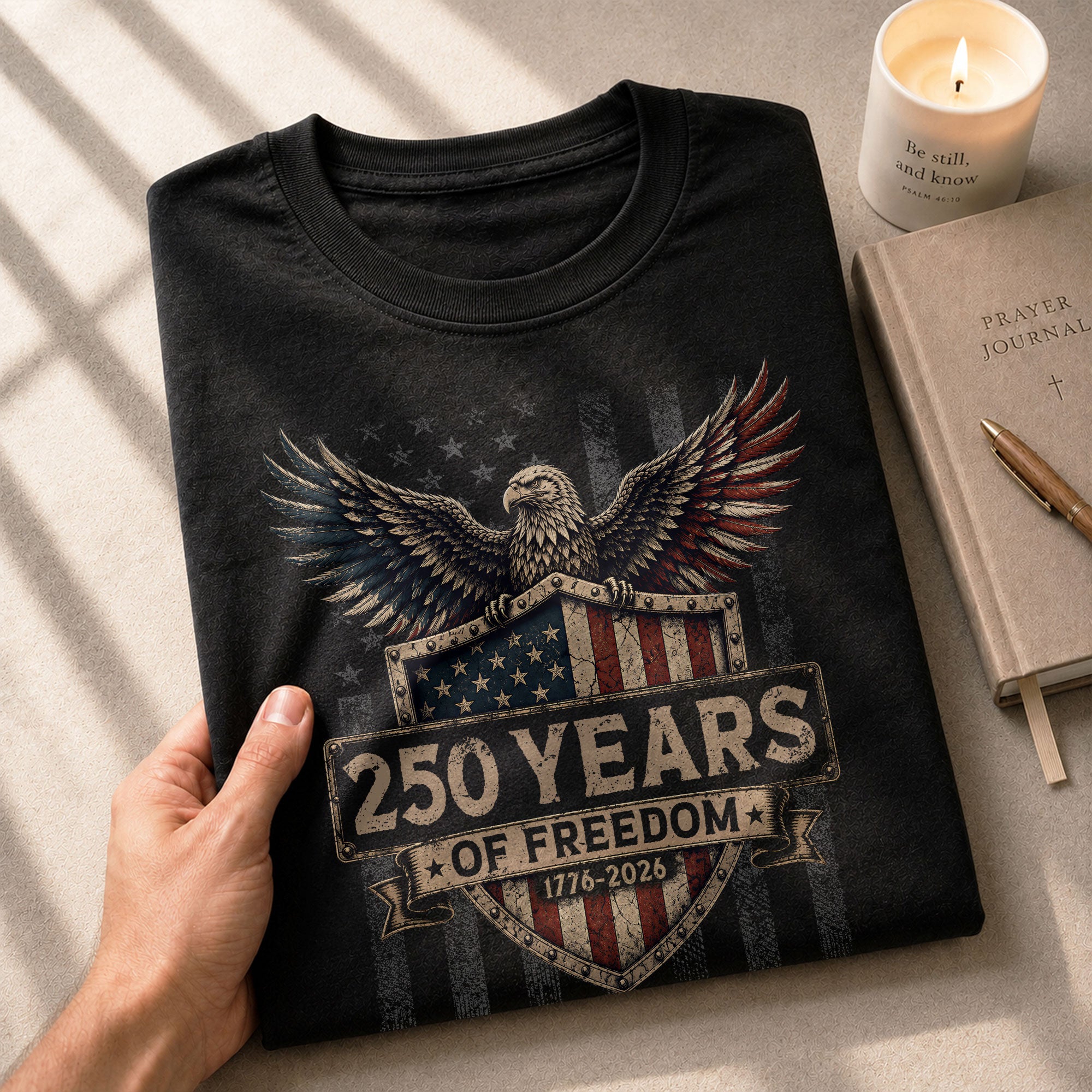 250 Years Of Freedom Graphic Tee - Patriotic Eagle Shield Vintage Style Cotton Shirt - Rust Field Wear